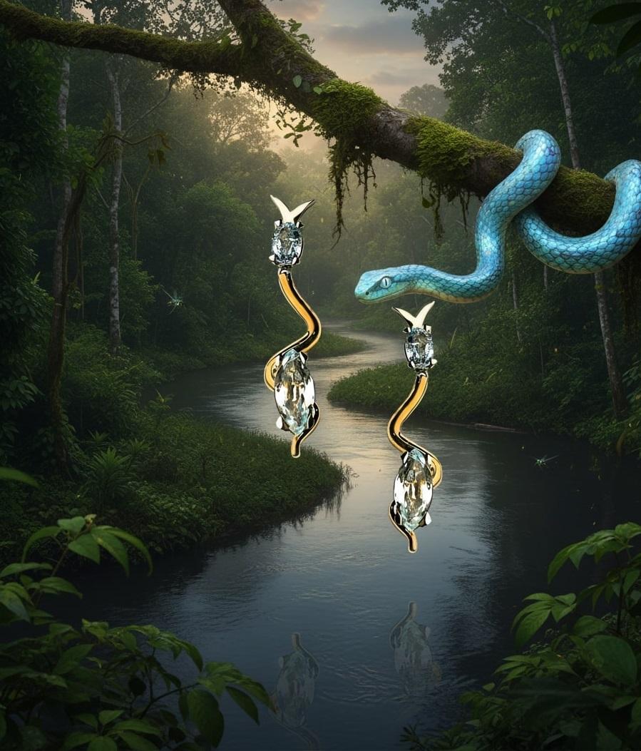 Aigue-marine en or rose et blanc Boucles d'oreilles serpent par Alexander Leyser Neuf - En vente à Kirschweiler, DE