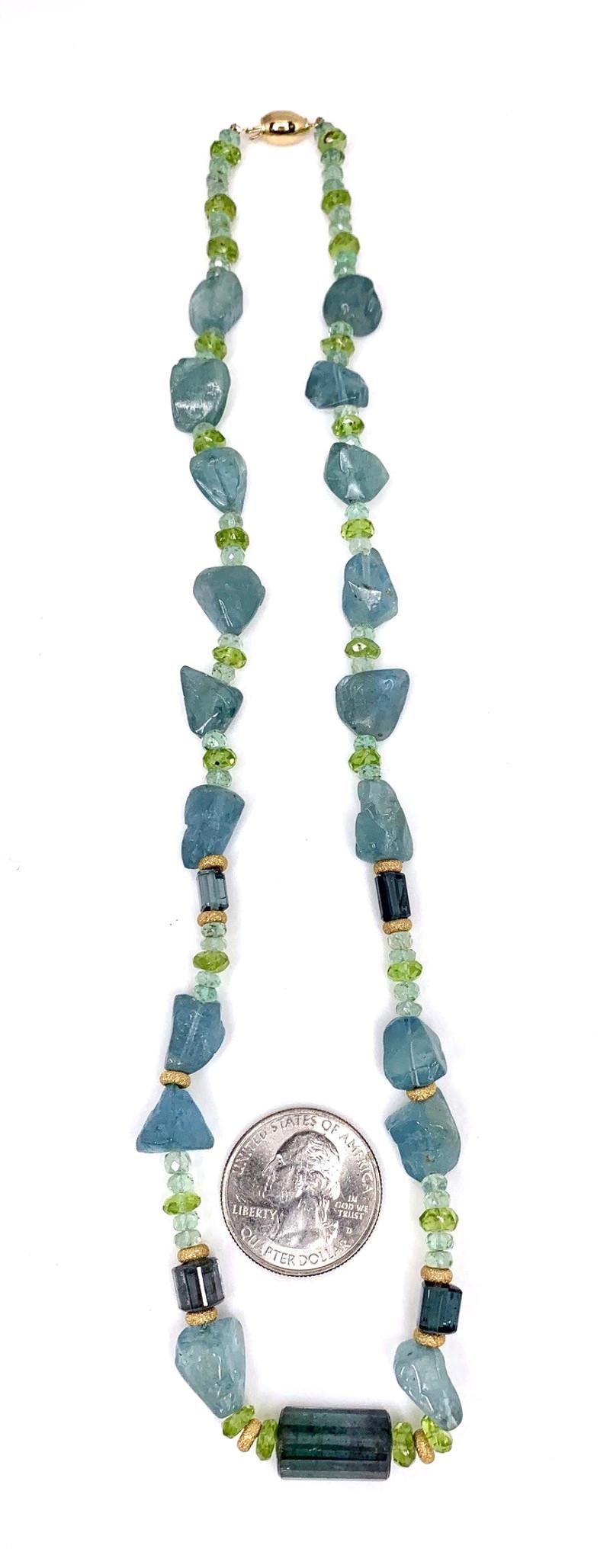 Aquamarine, Indicolite Tourmaline and Peridot Beaded Necklace with Gold Accents 2