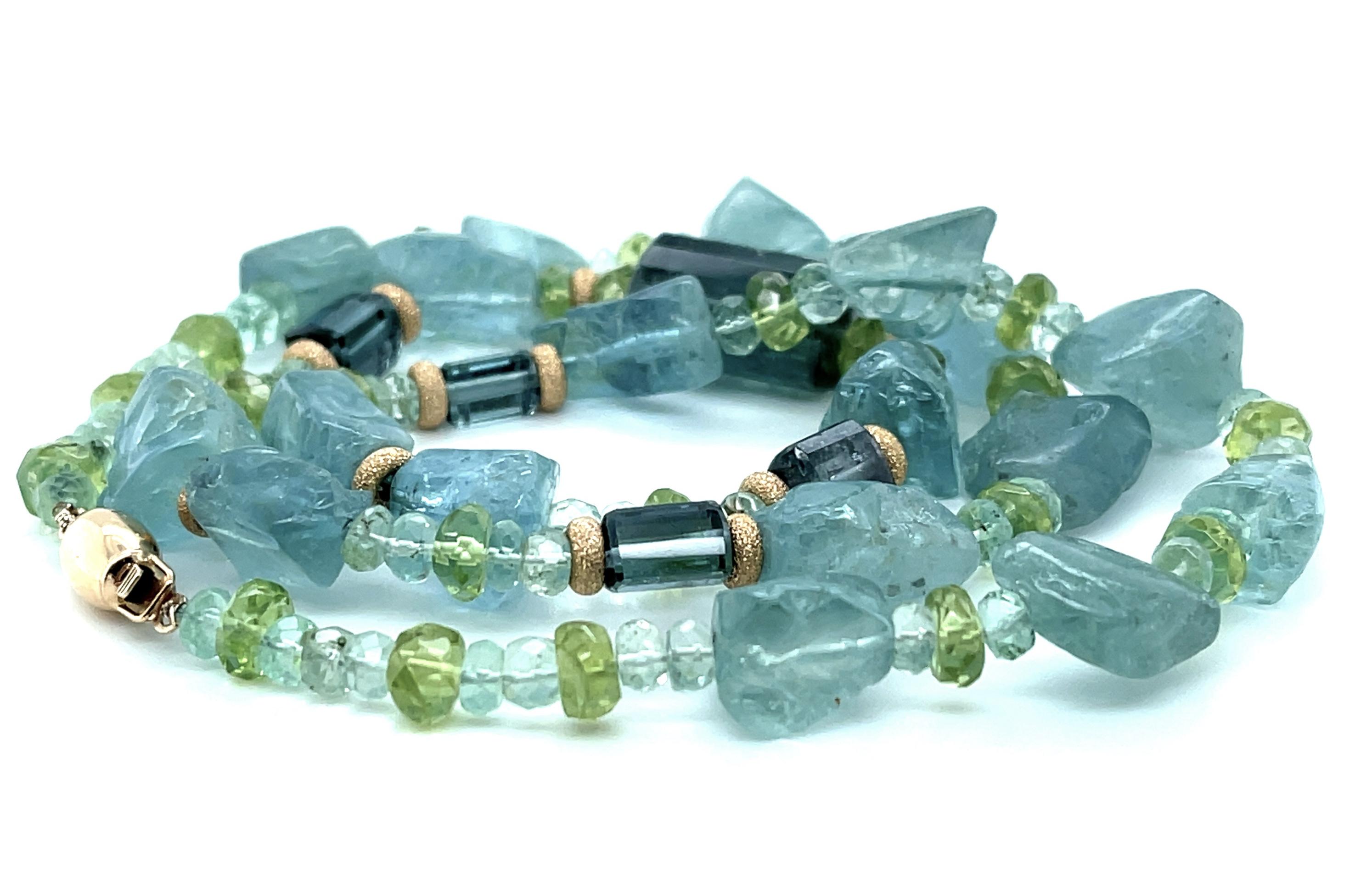 Women's Aquamarine, Indicolite Tourmaline and Peridot Beaded Necklace with Gold Accents