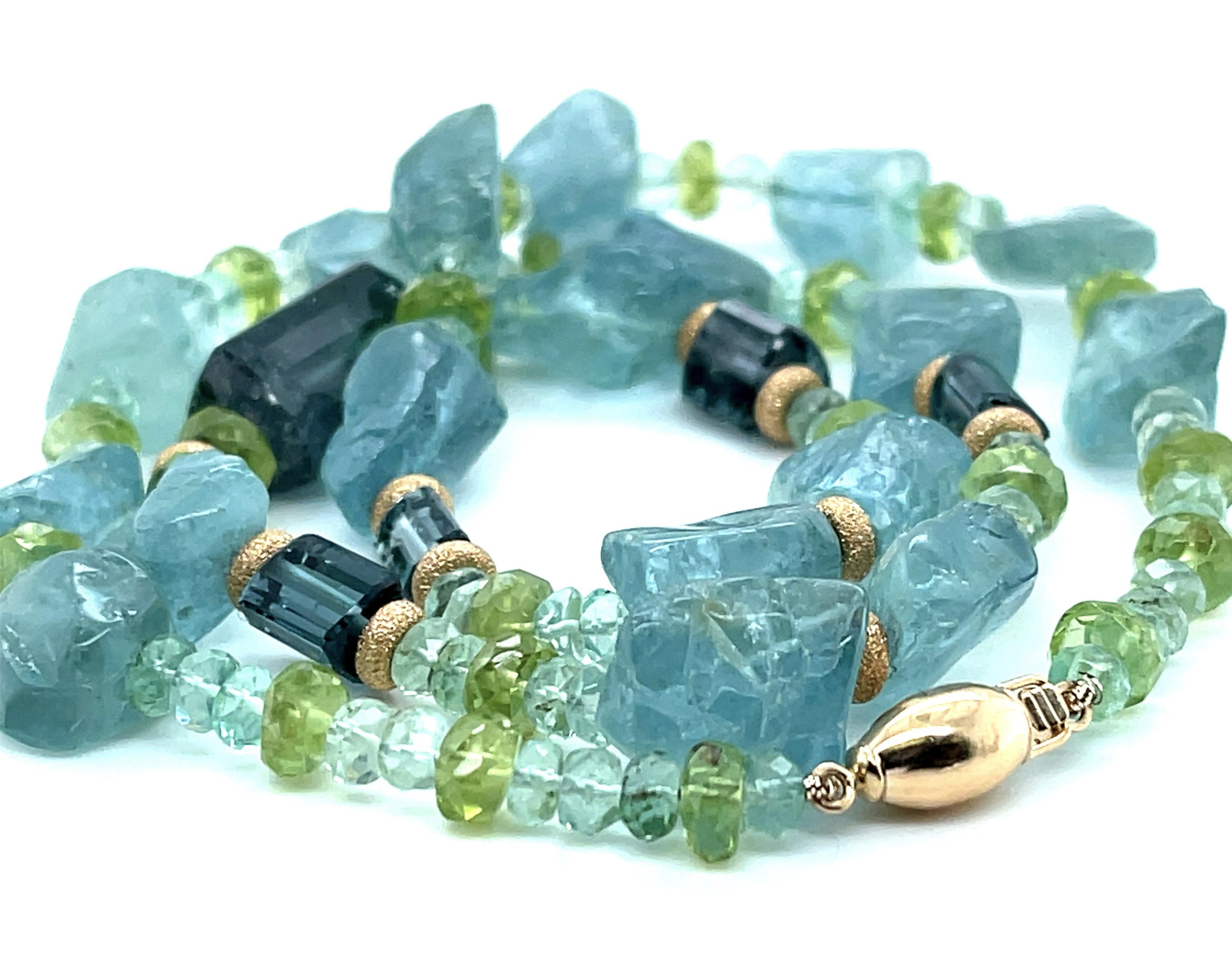 Aquamarine, Indicolite Tourmaline and Peridot Beaded Necklace with Gold Accents 1