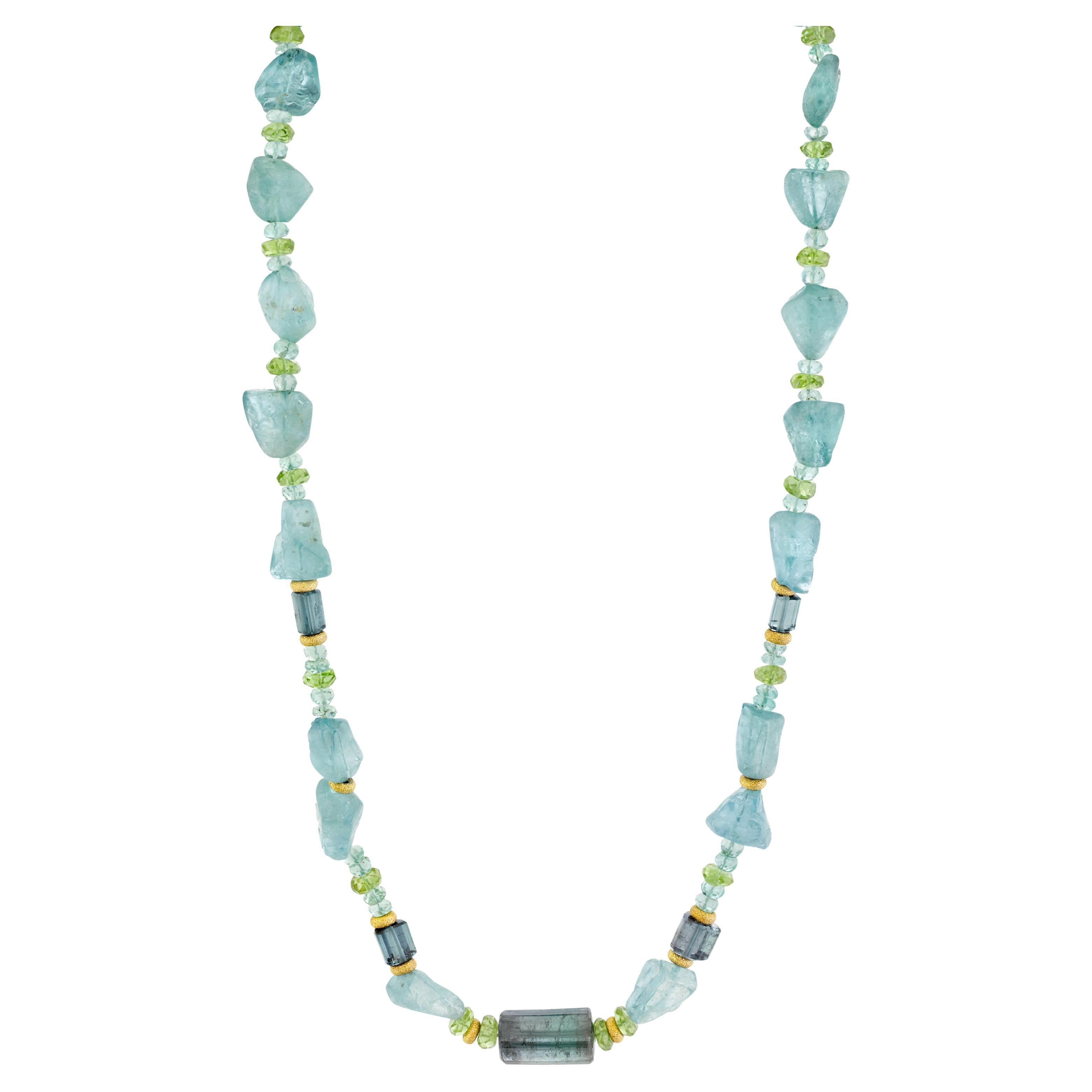Aquamarine, Indicolite Tourmaline and Peridot Beaded Necklace with Gold Accents