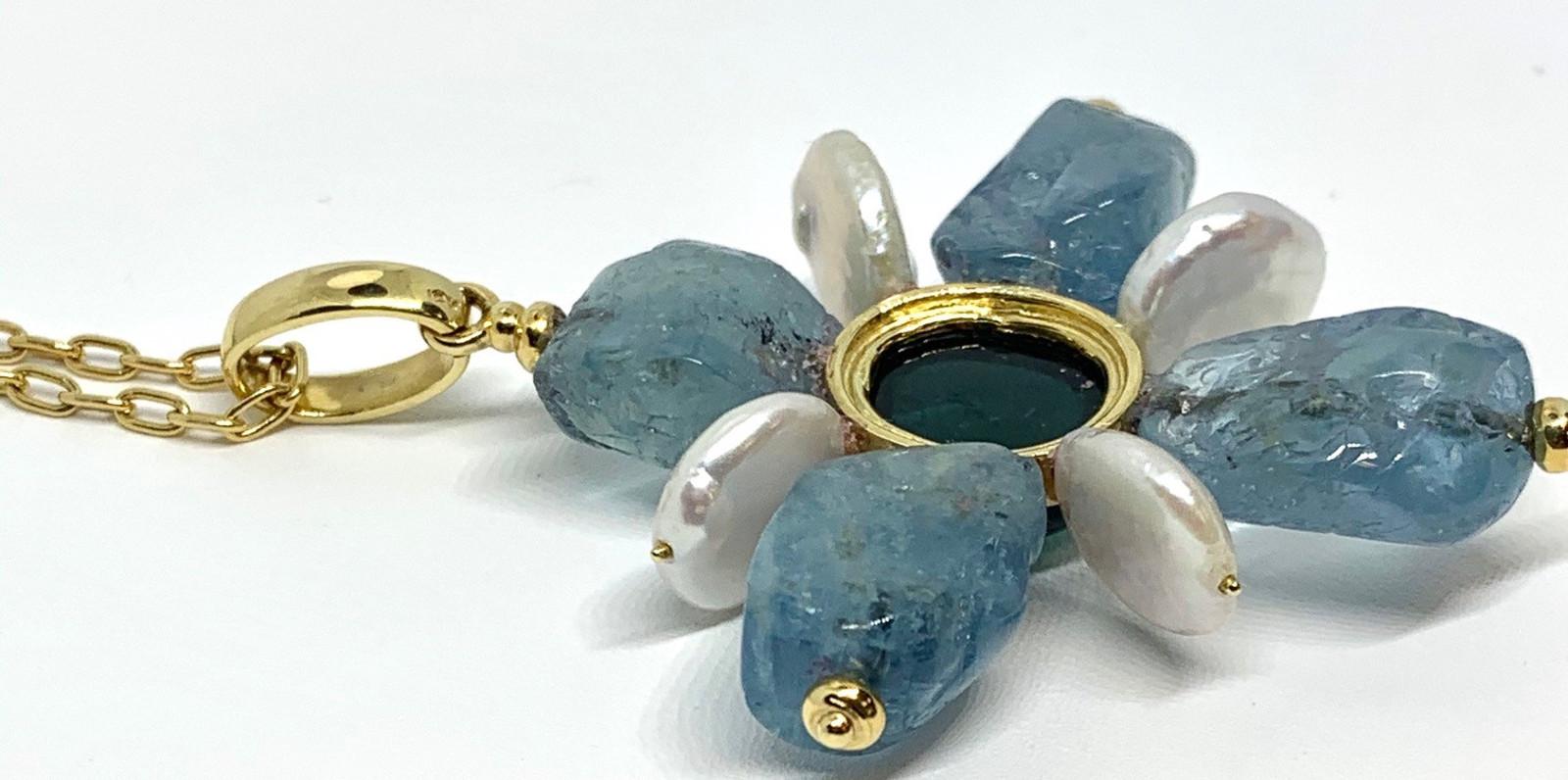 Aquamarine, Indicolite Tourmaline and Coin Pearl Cross Pendant in Yellow Gold  For Sale 1