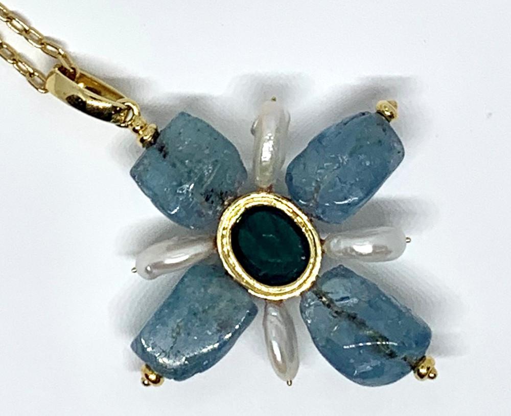 Women's Aquamarine, Indicolite Tourmaline and Coin Pearl Cross Pendant in Yellow Gold  For Sale