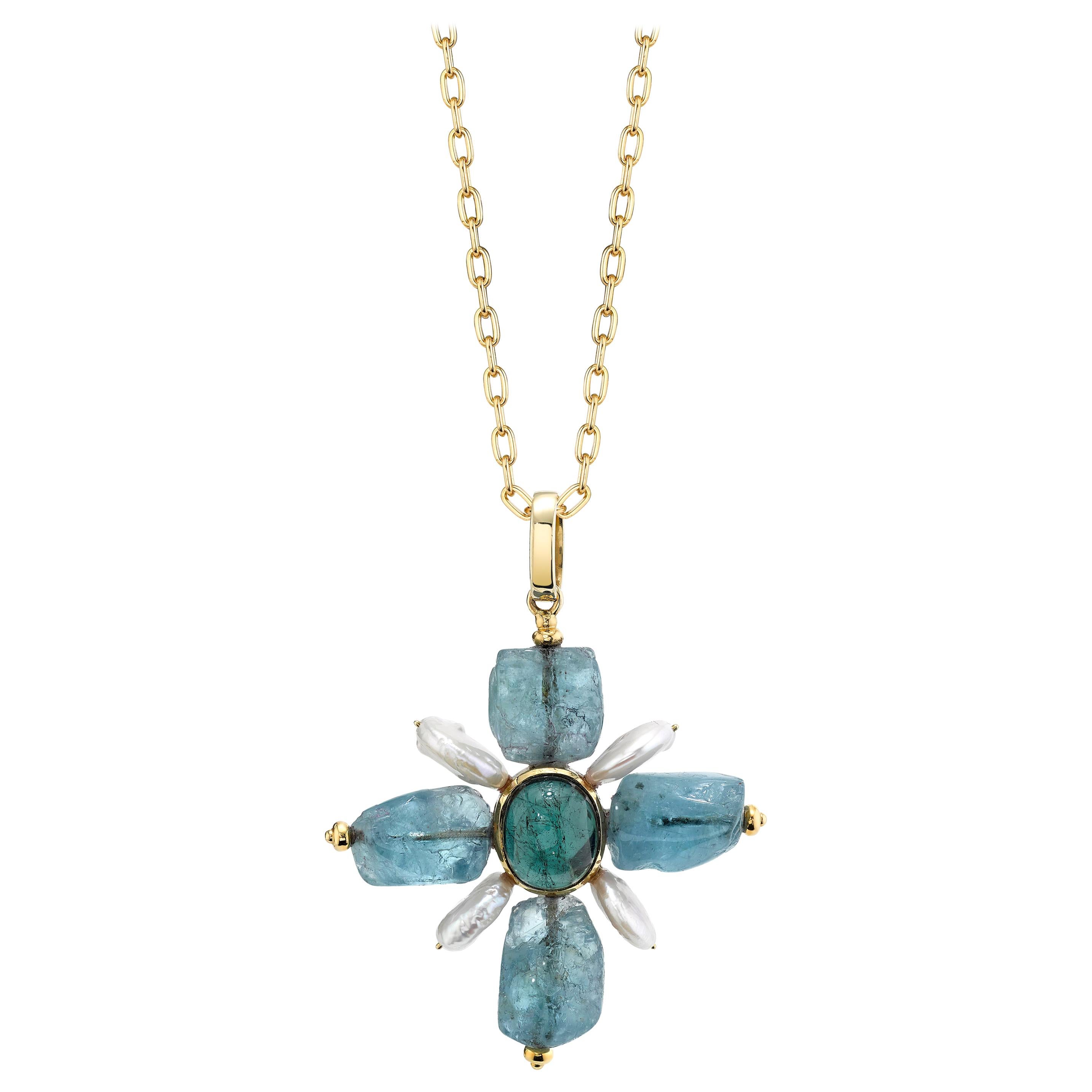 Aquamarine, Indicolite Tourmaline and Coin Pearl Cross Pendant in Yellow Gold  For Sale