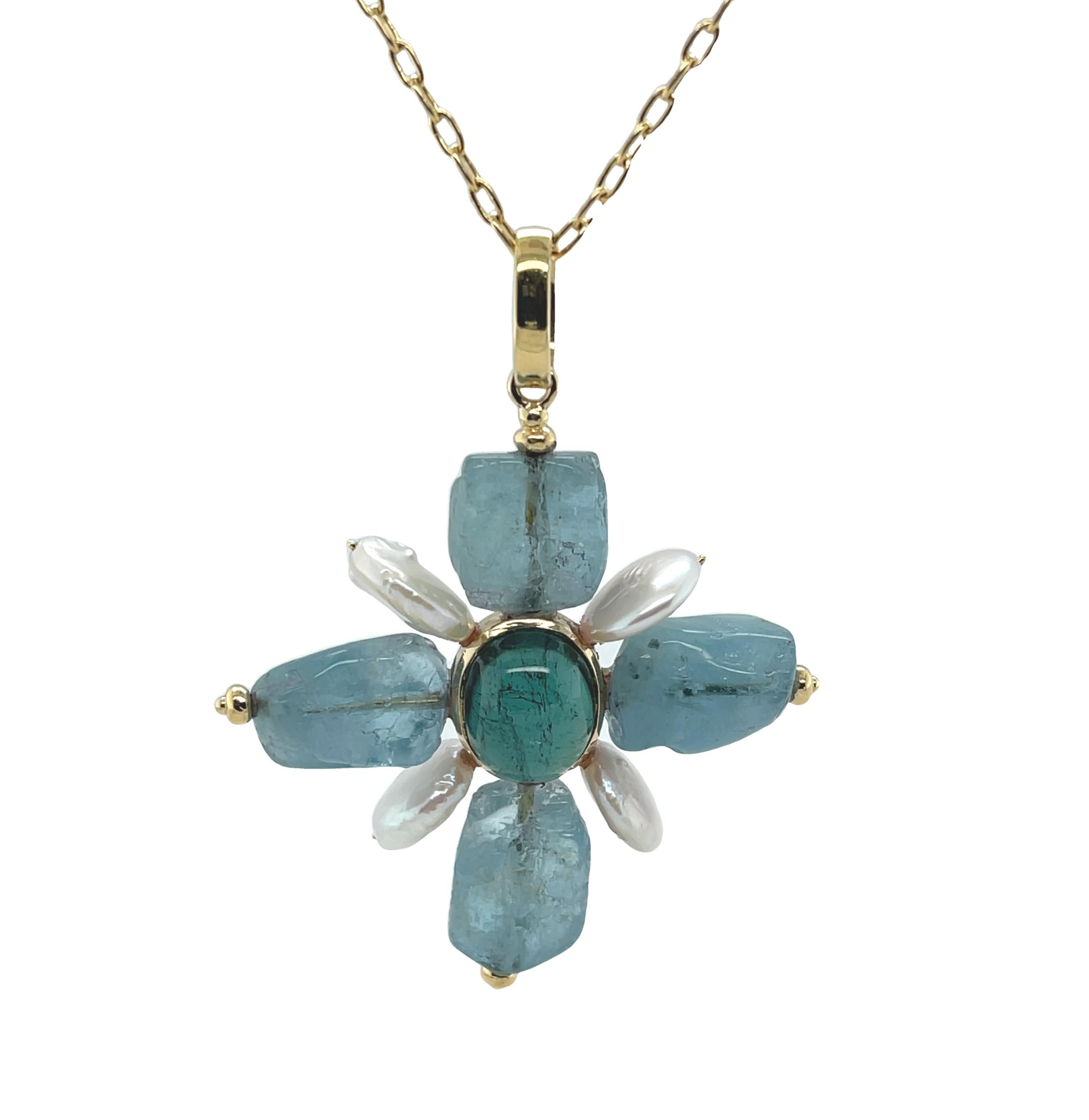 Artisan Aquamarine, Indicolite Tourmaline and Coin Pearl Cross Pendant in Yellow Gold  For Sale