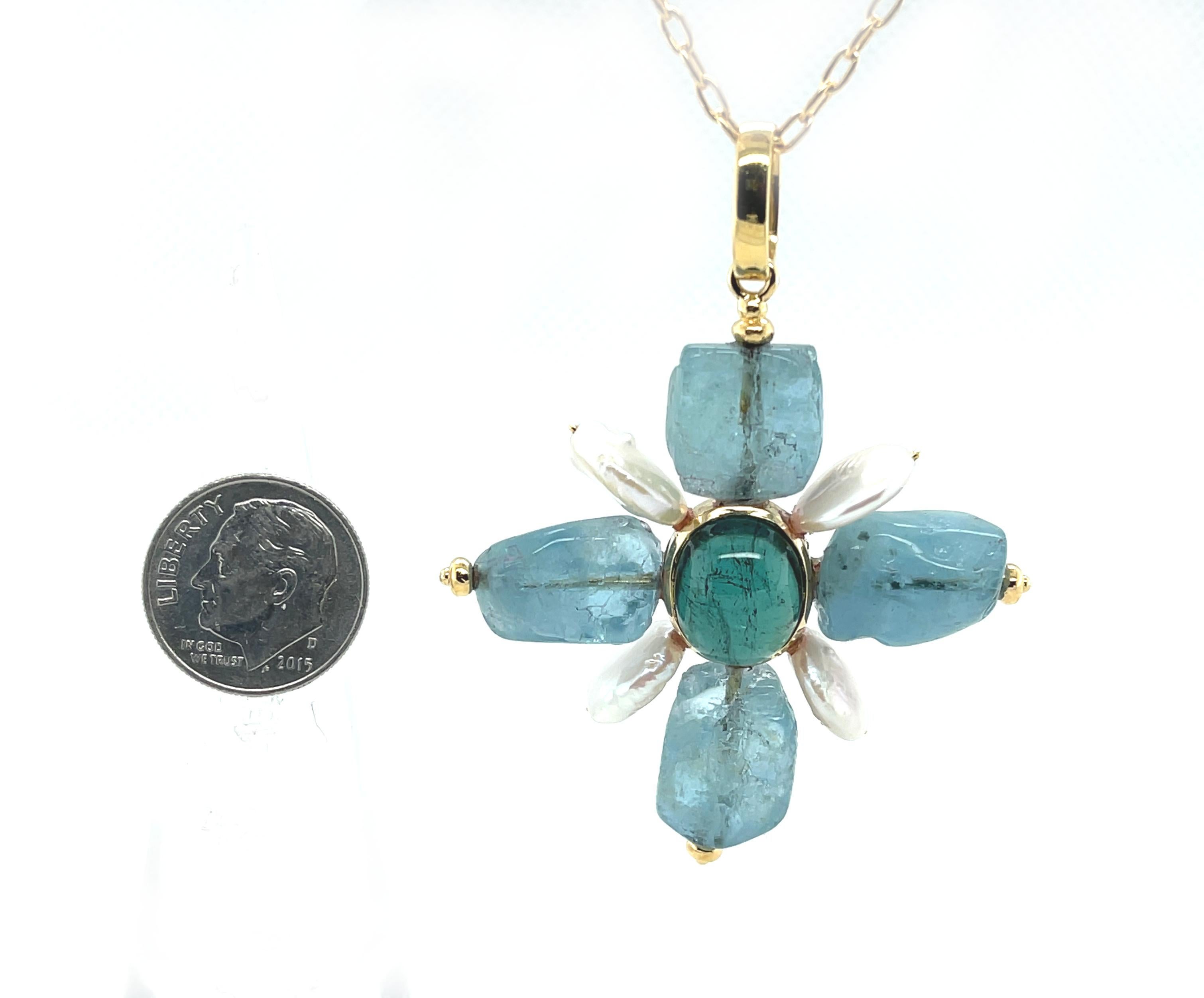 Bead Aquamarine, Indicolite Tourmaline and Coin Pearl Cross Pendant in Yellow Gold  For Sale