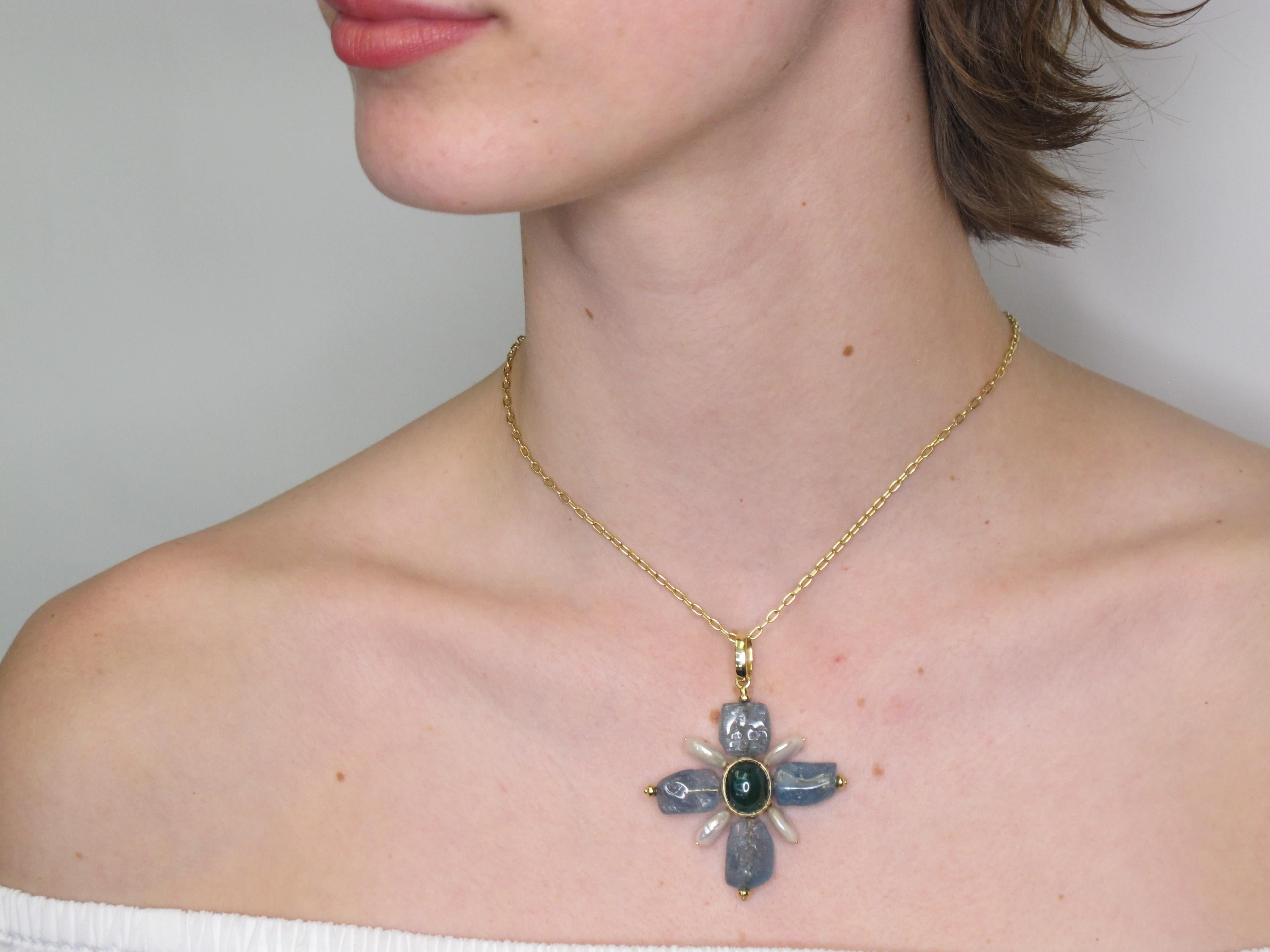 Aquamarine, Indicolite Tourmaline and Coin Pearl Cross Pendant in Yellow Gold  For Sale 4