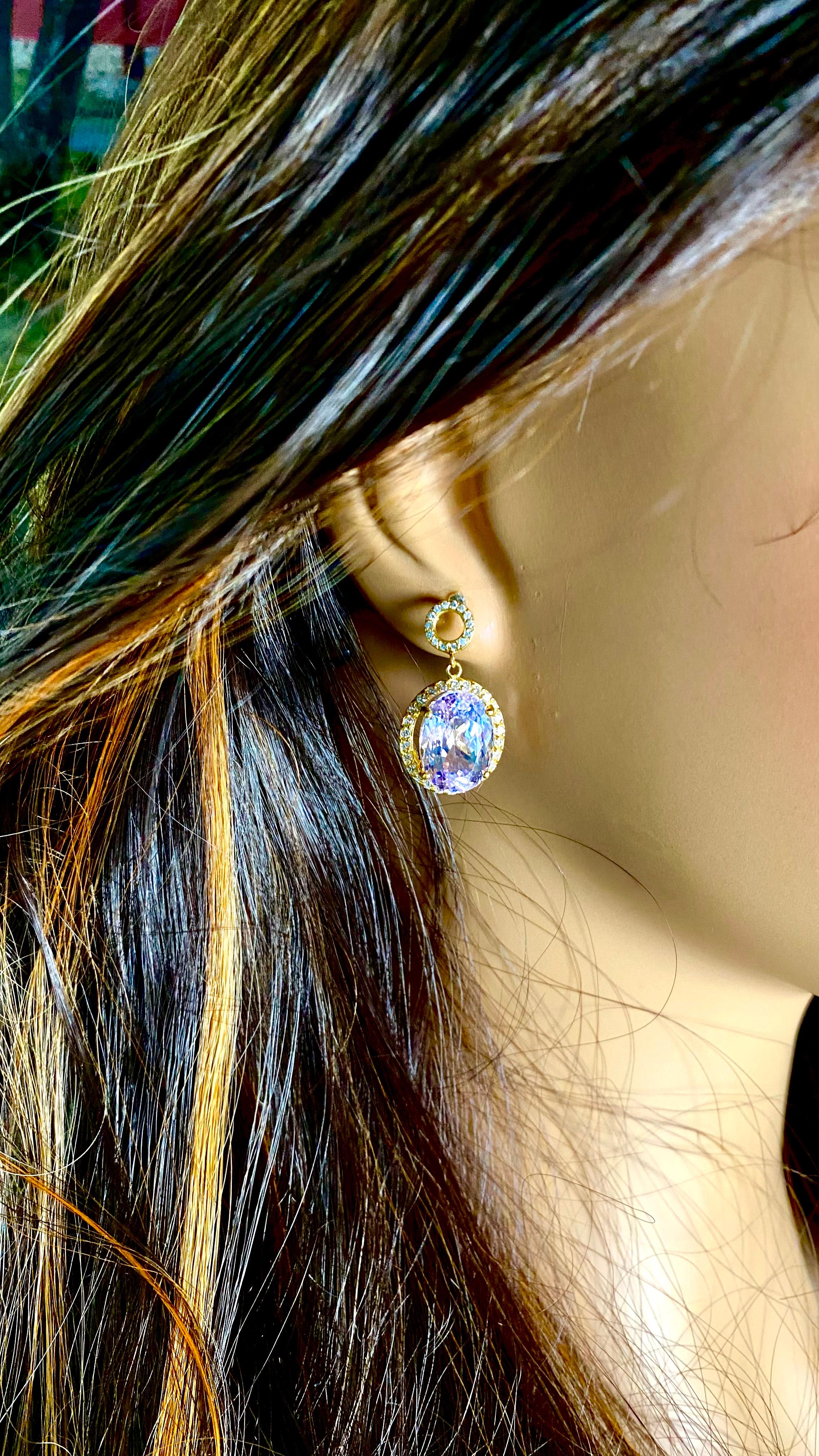 Aquamarine Kunzite Diamonds 15.43 Carat Yellow Gold Drop High Jewel Earrings 8
