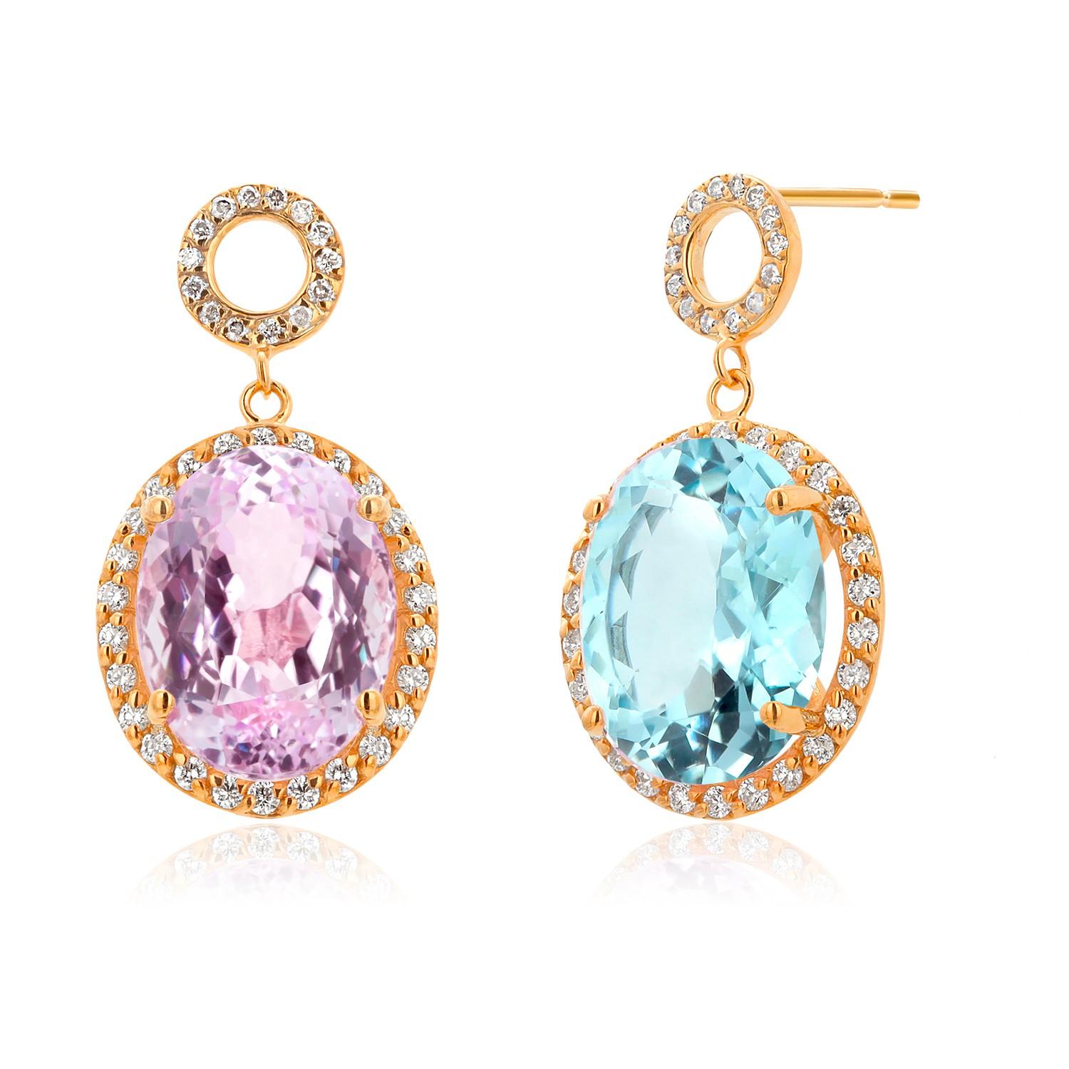 Aquamarine Kunzite Diamonds 15.43 Carat Yellow Gold Drop High Jewel Earrings 2