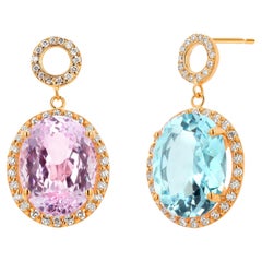 Aigue-marine Kunzite Diamants 15.43 Carat Or Jaune Pendants d'oreilles High Jewel