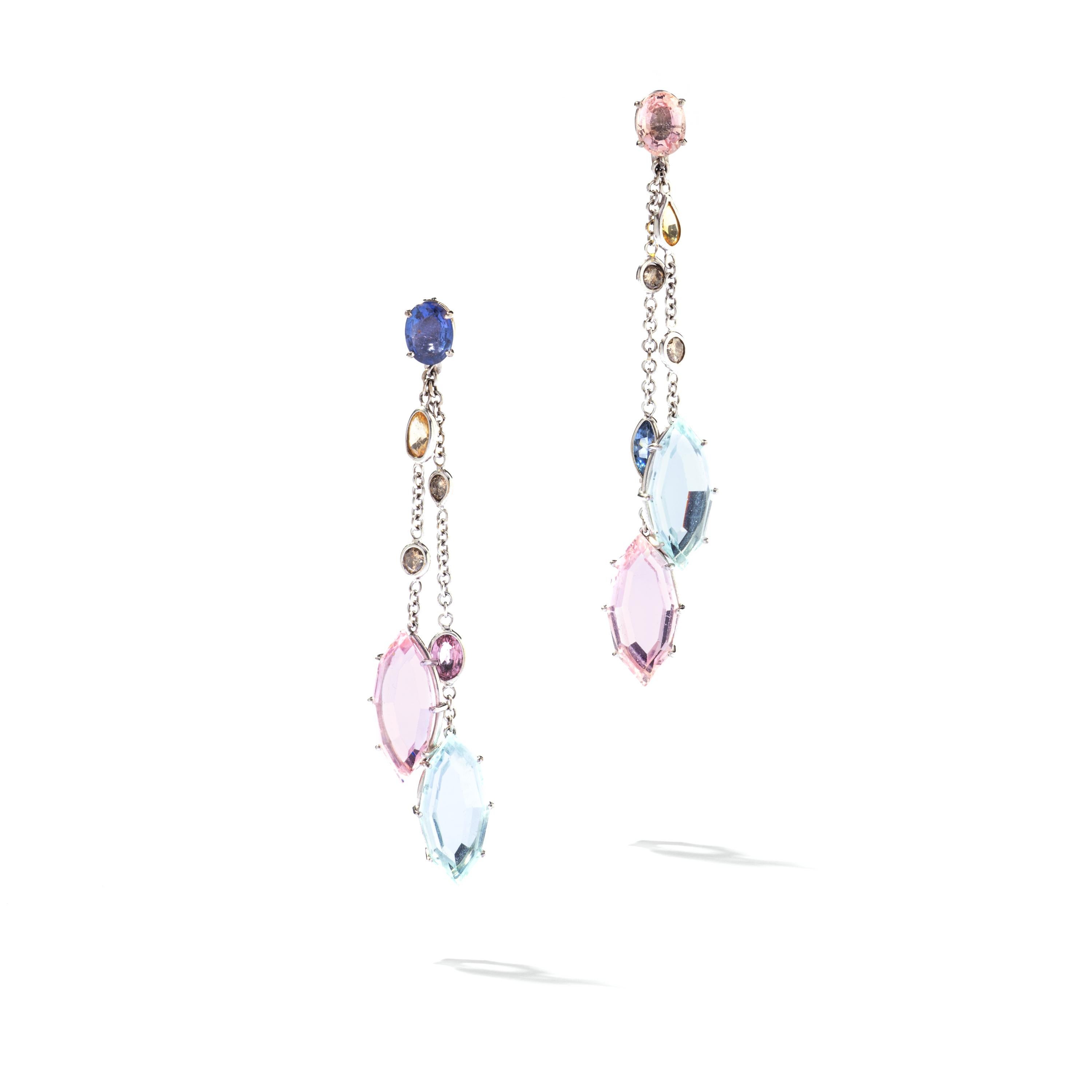 Aquamarine, Kunzite, Sapphire and brown Diamond on White Gold Ear Pendants.

Total length: 2.76 inches (7.00 centimeters).
Total weight: 10.62 grams.