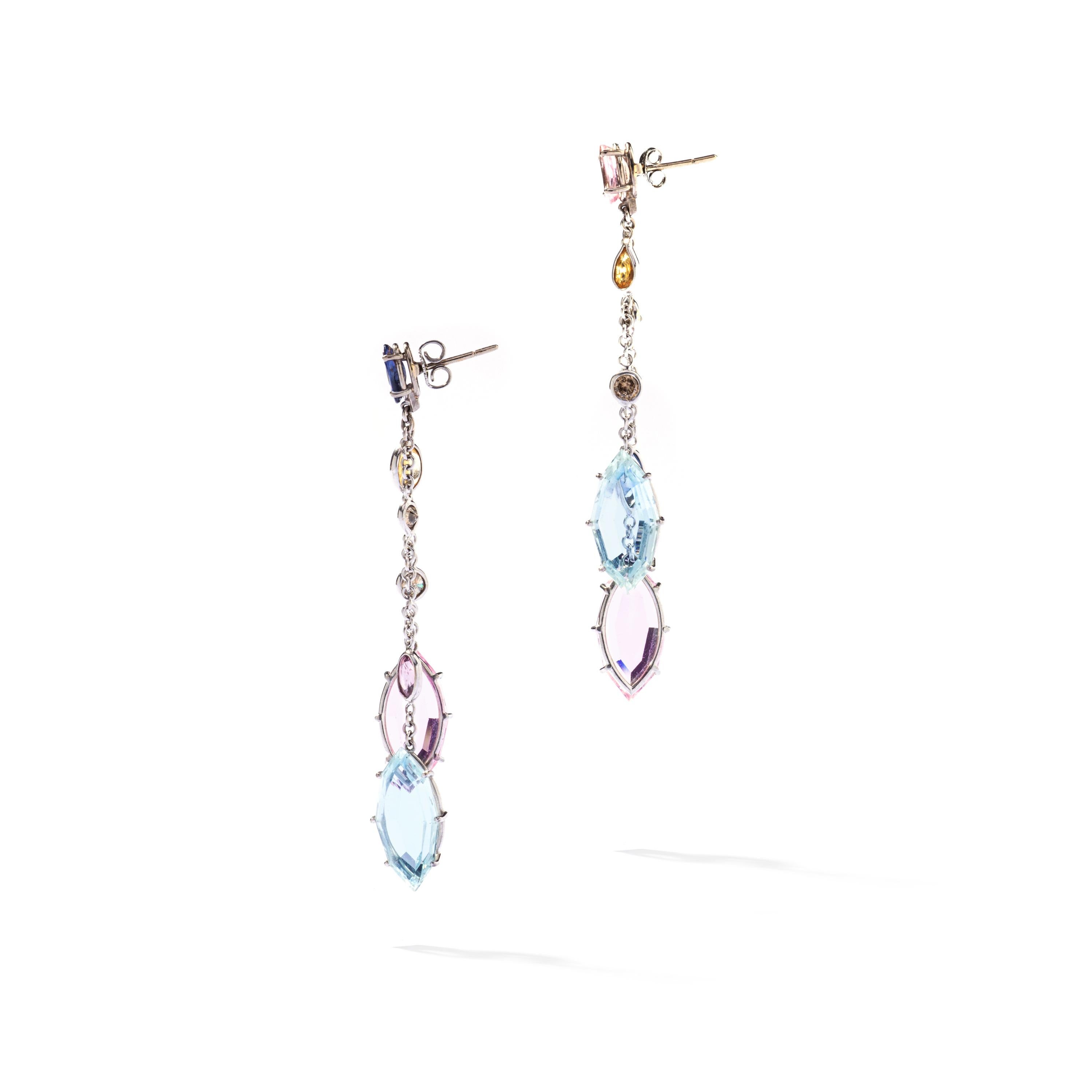 Aquamarine Kunzite Sapphire Diamond on White Gold Ear Pendants In Excellent Condition For Sale In Geneva, CH