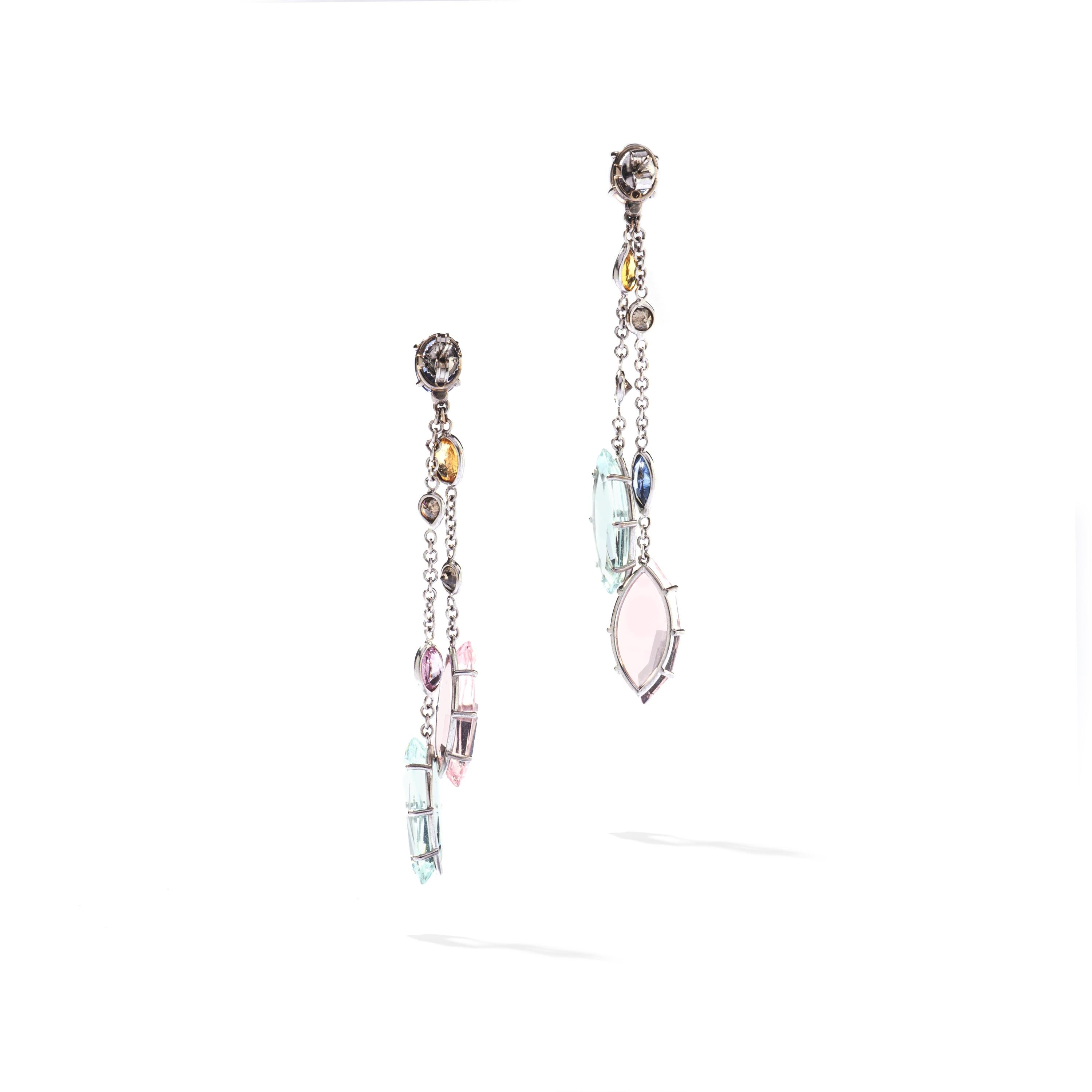 Women's Aquamarine Kunzite Sapphire Diamond on White Gold Ear Pendants For Sale