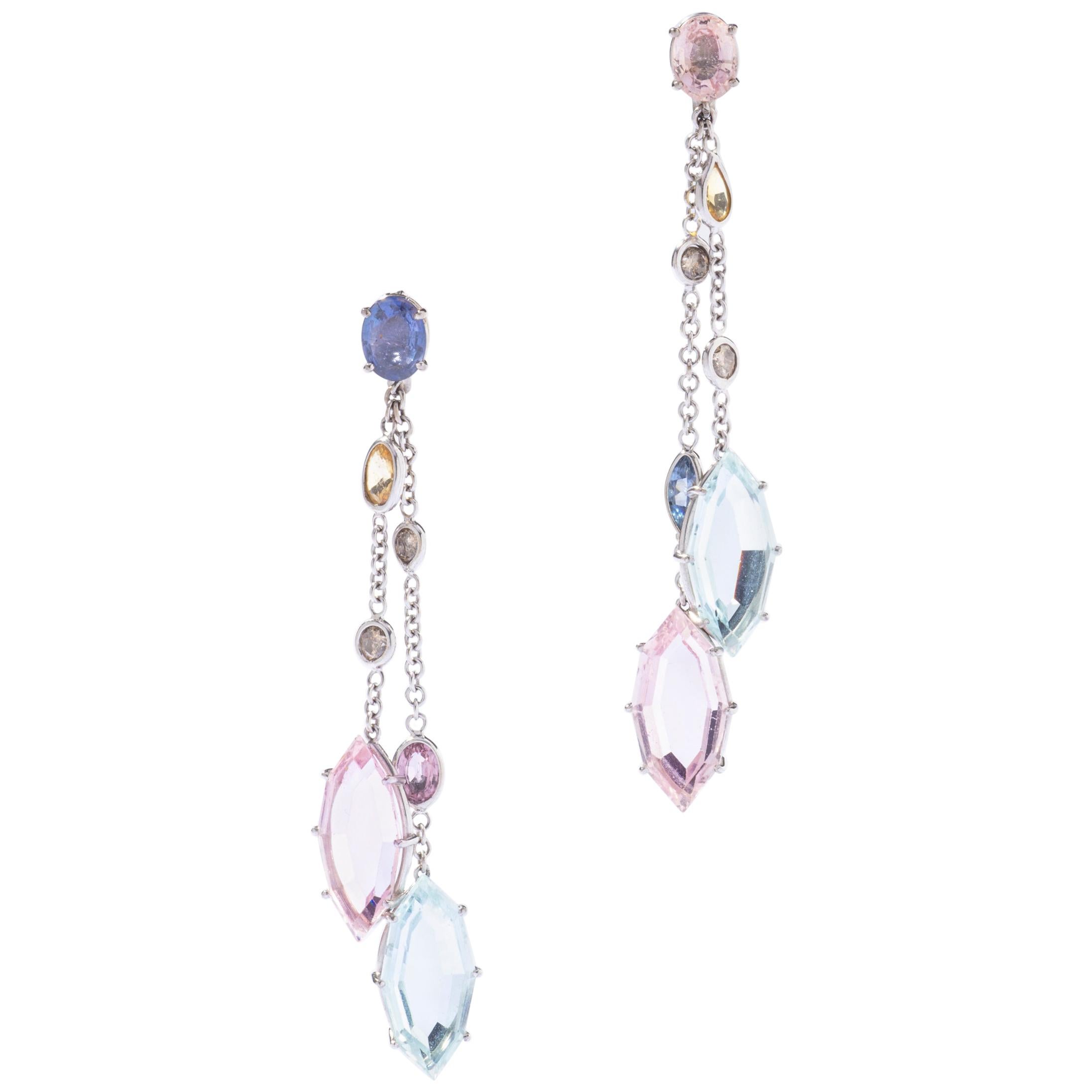 Aquamarine Kunzite Sapphire Diamond on White Gold Ear Pendants For Sale