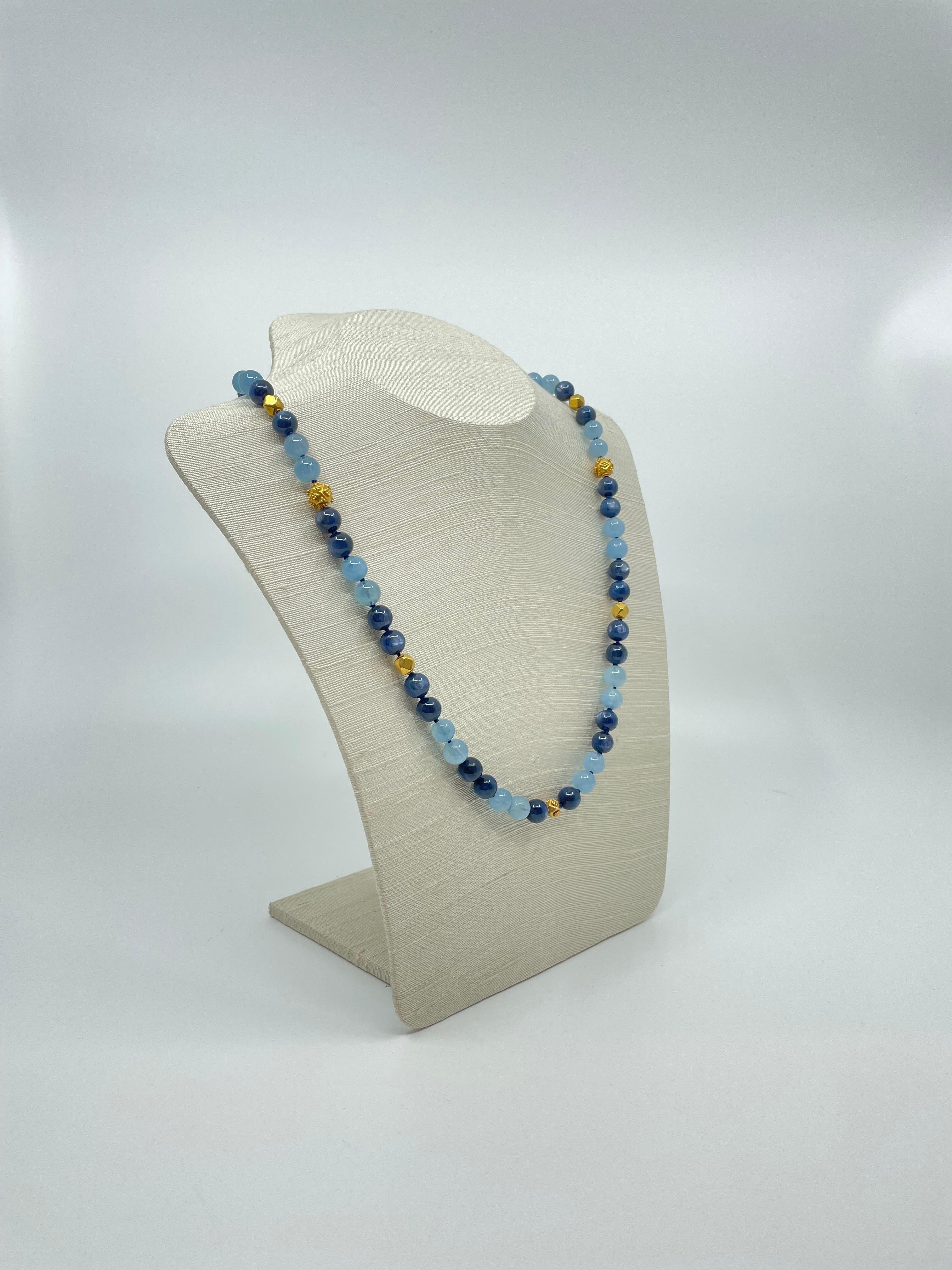 Bead Aquamarine, Kyanite & 18K Gold Necklace For Sale