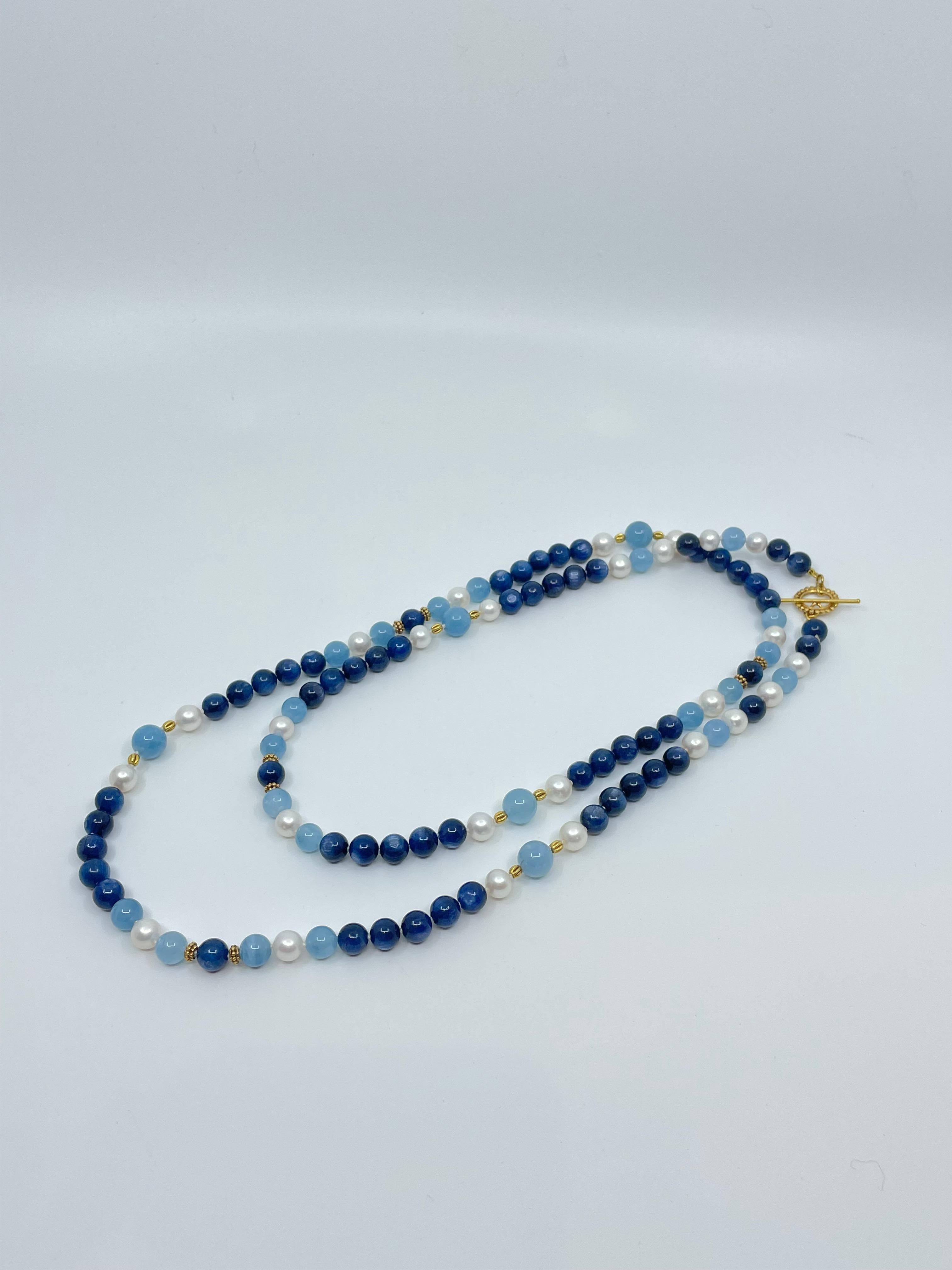 Aquamarine, Kyanite, Freshwater Pearl & 18K Gold Necklace For Sale 5