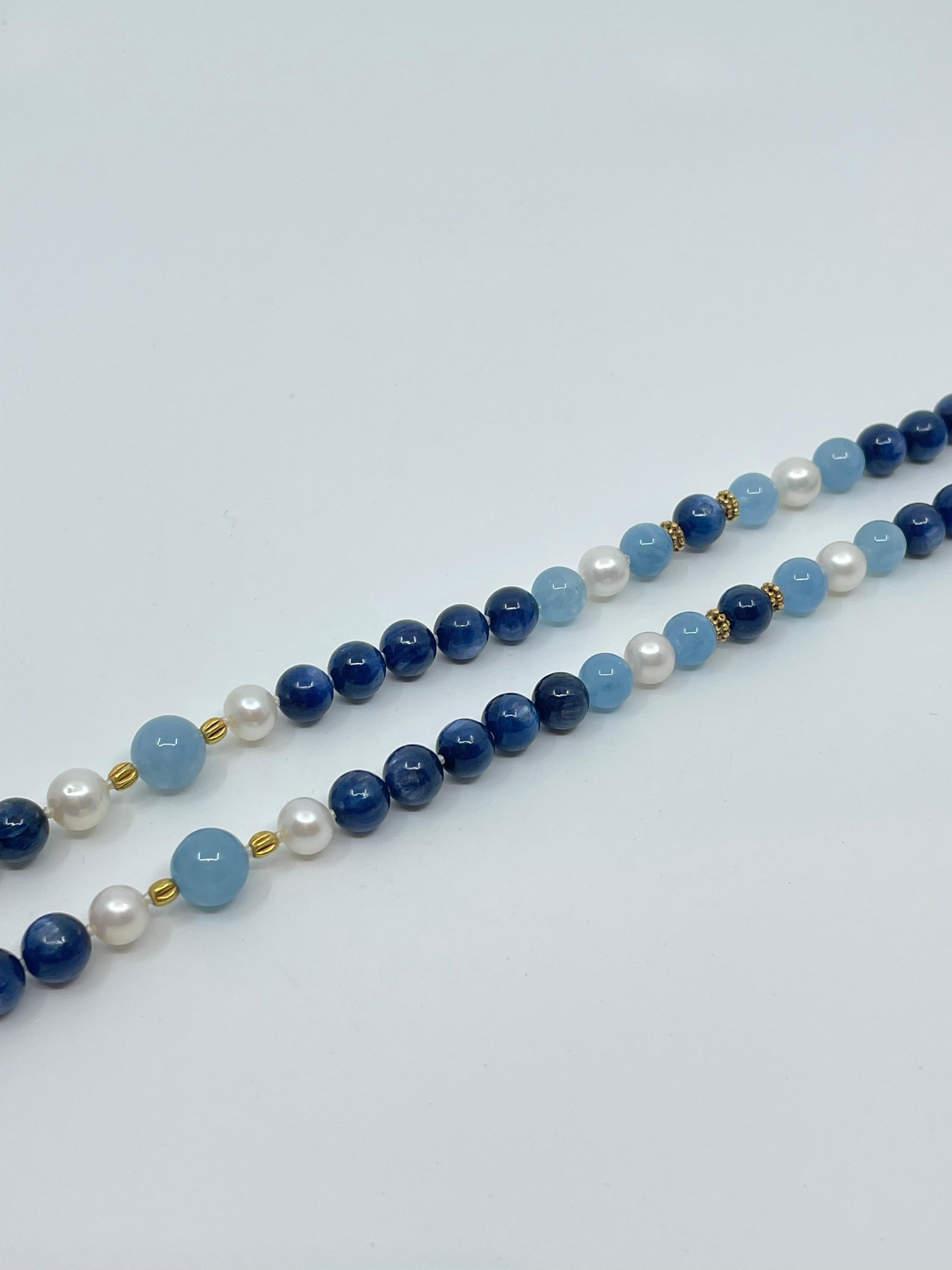 Aquamarine, Kyanite, Freshwater Pearl & 18K Gold Necklace For Sale 6