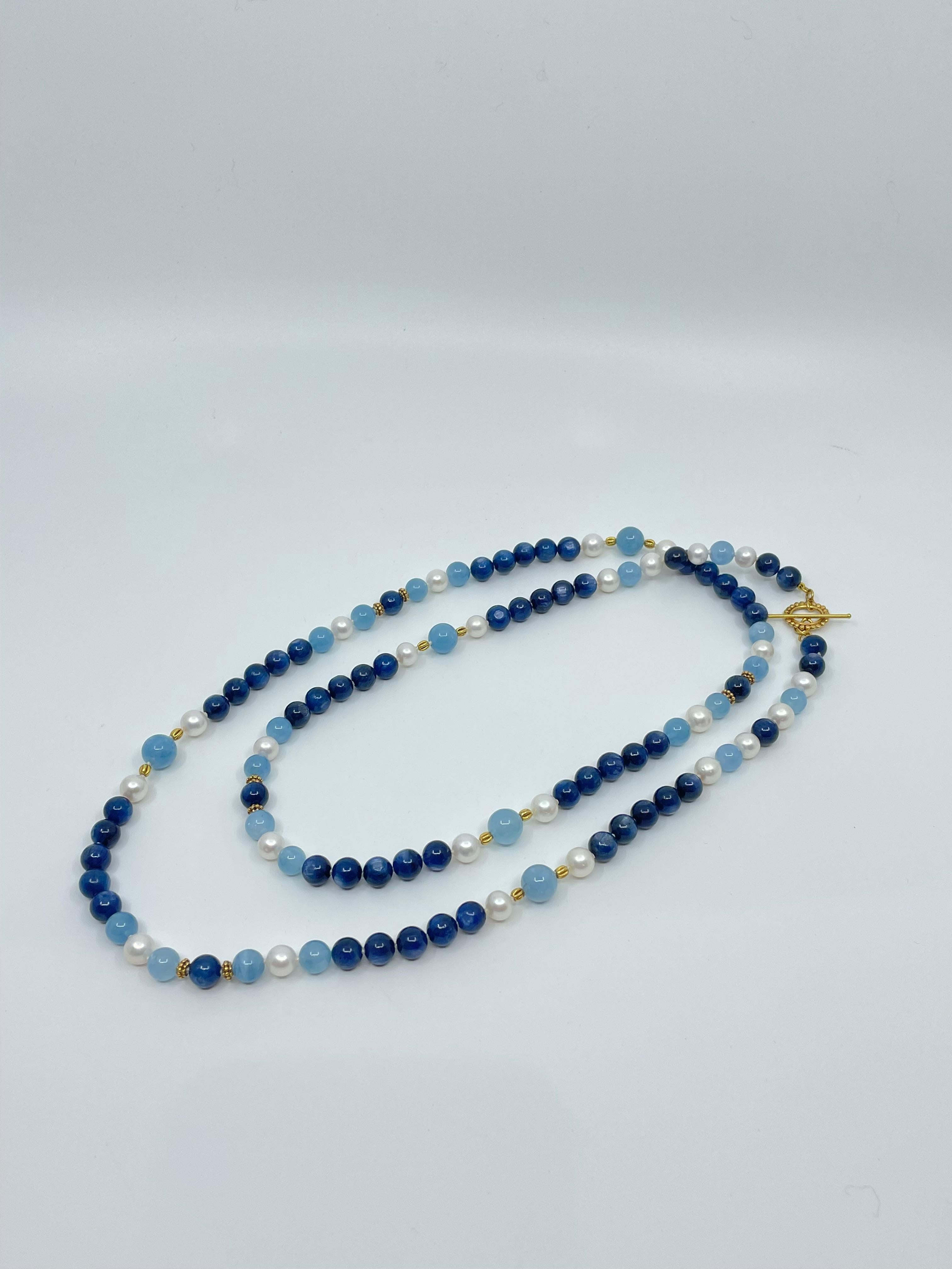 Aquamarine, Kyanite, Freshwater Pearl & 18K Gold Necklace For Sale 7
