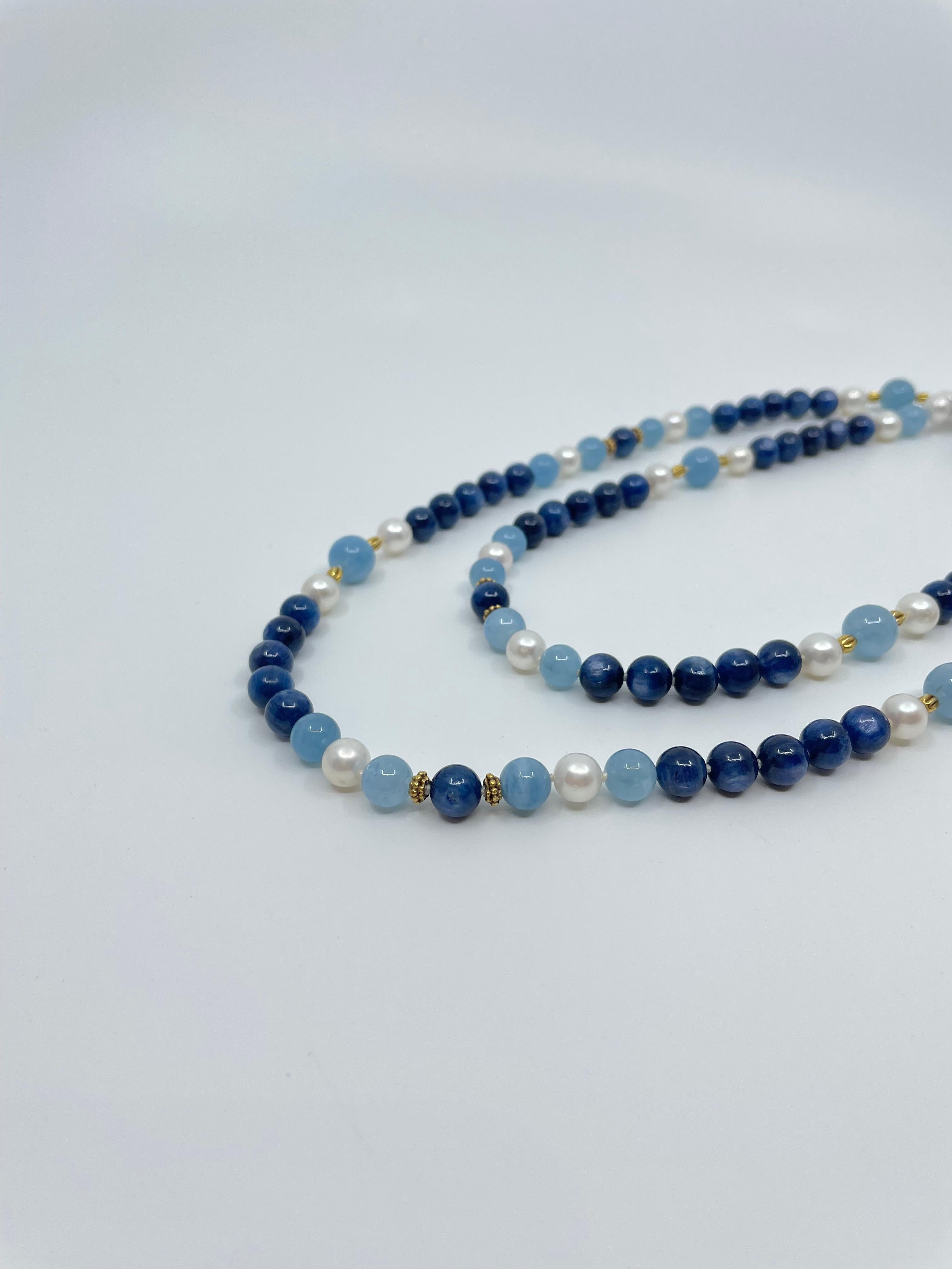 Aquamarine, Kyanite, Freshwater Pearl & 18K Gold Necklace For Sale 8