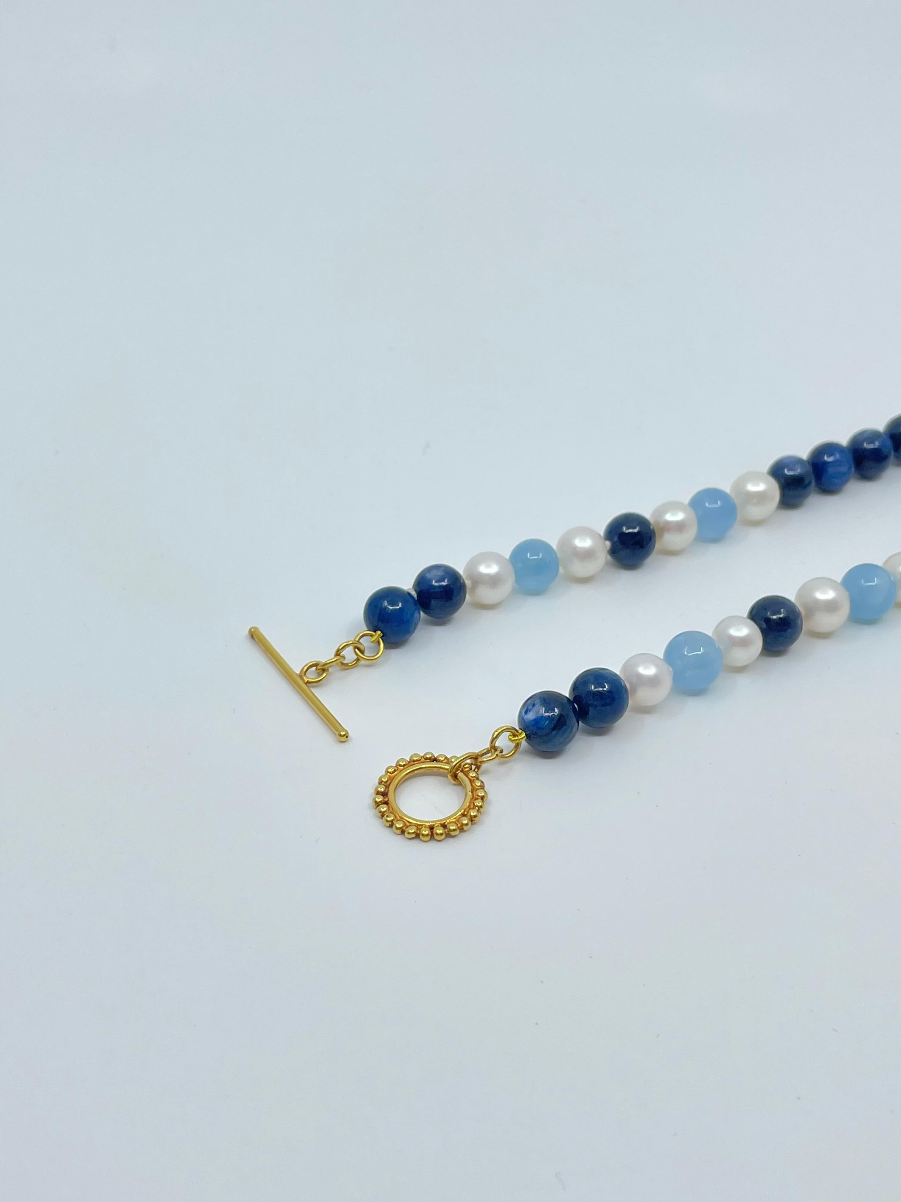 Aquamarine, Kyanite, Freshwater Pearl & 18K Gold Necklace For Sale 10