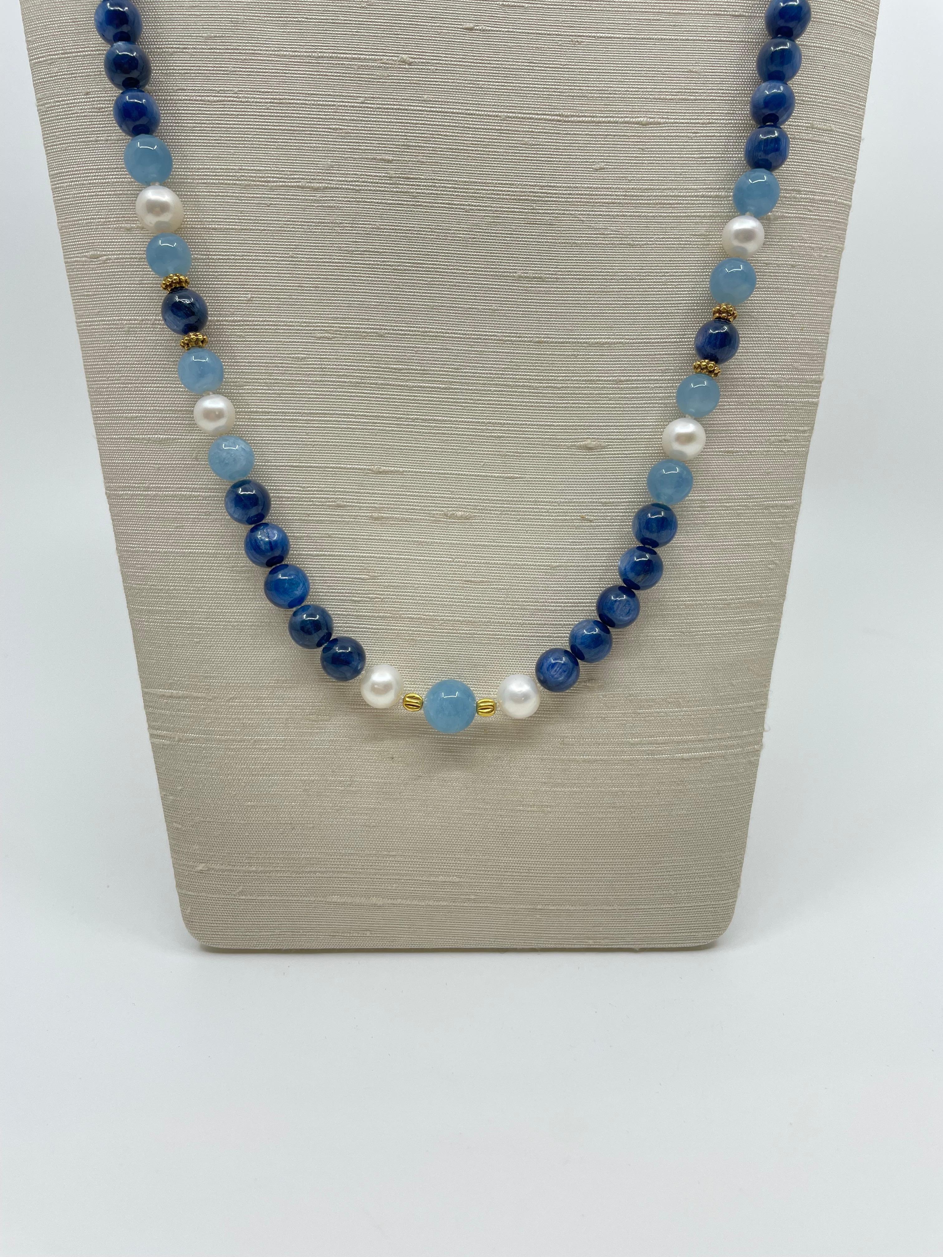 Bead Aquamarine, Kyanite, Freshwater Pearl & 18K Gold Necklace For Sale