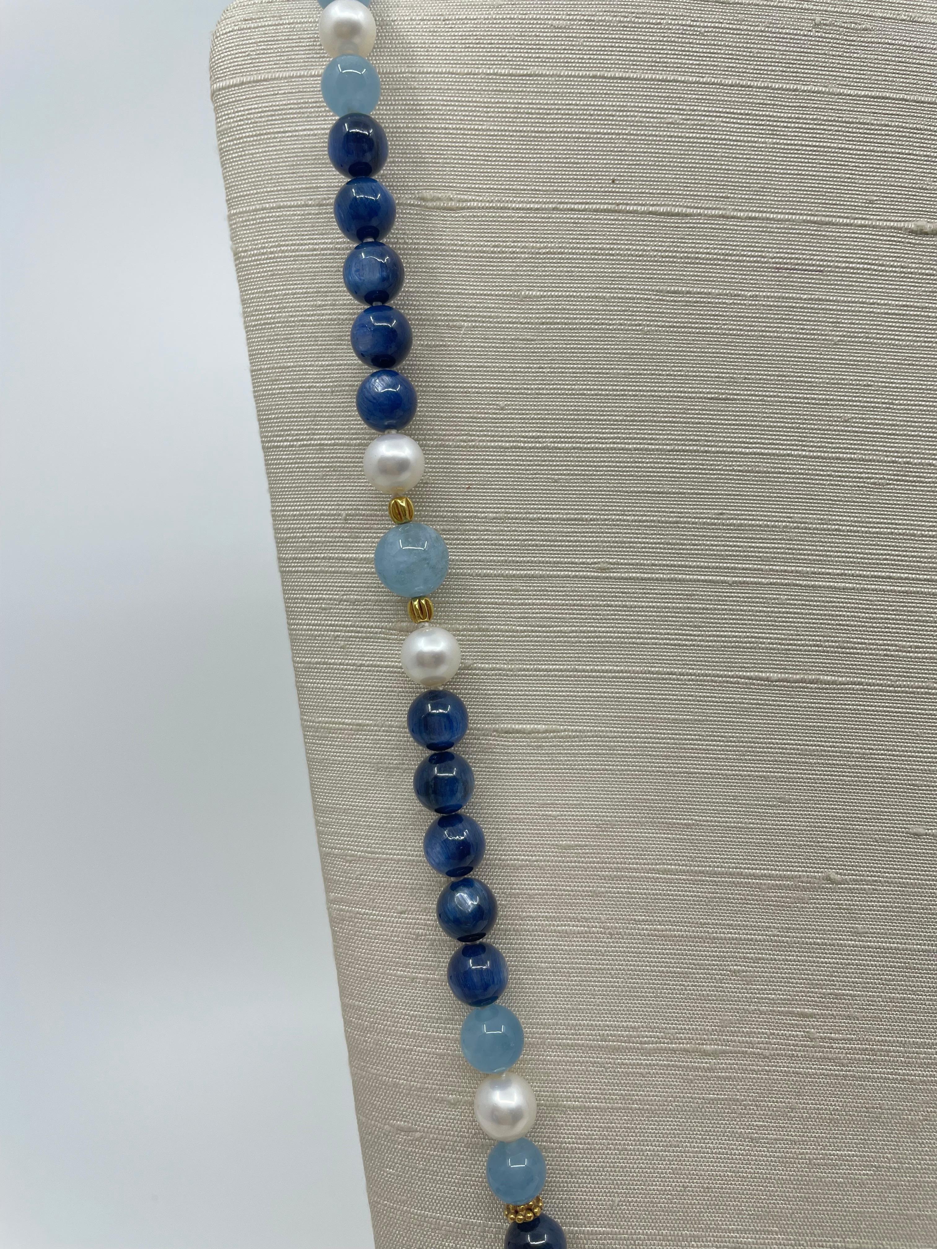 Aquamarine, Kyanite, Freshwater Pearl & 18K Gold Necklace In New Condition For Sale In Central, HK