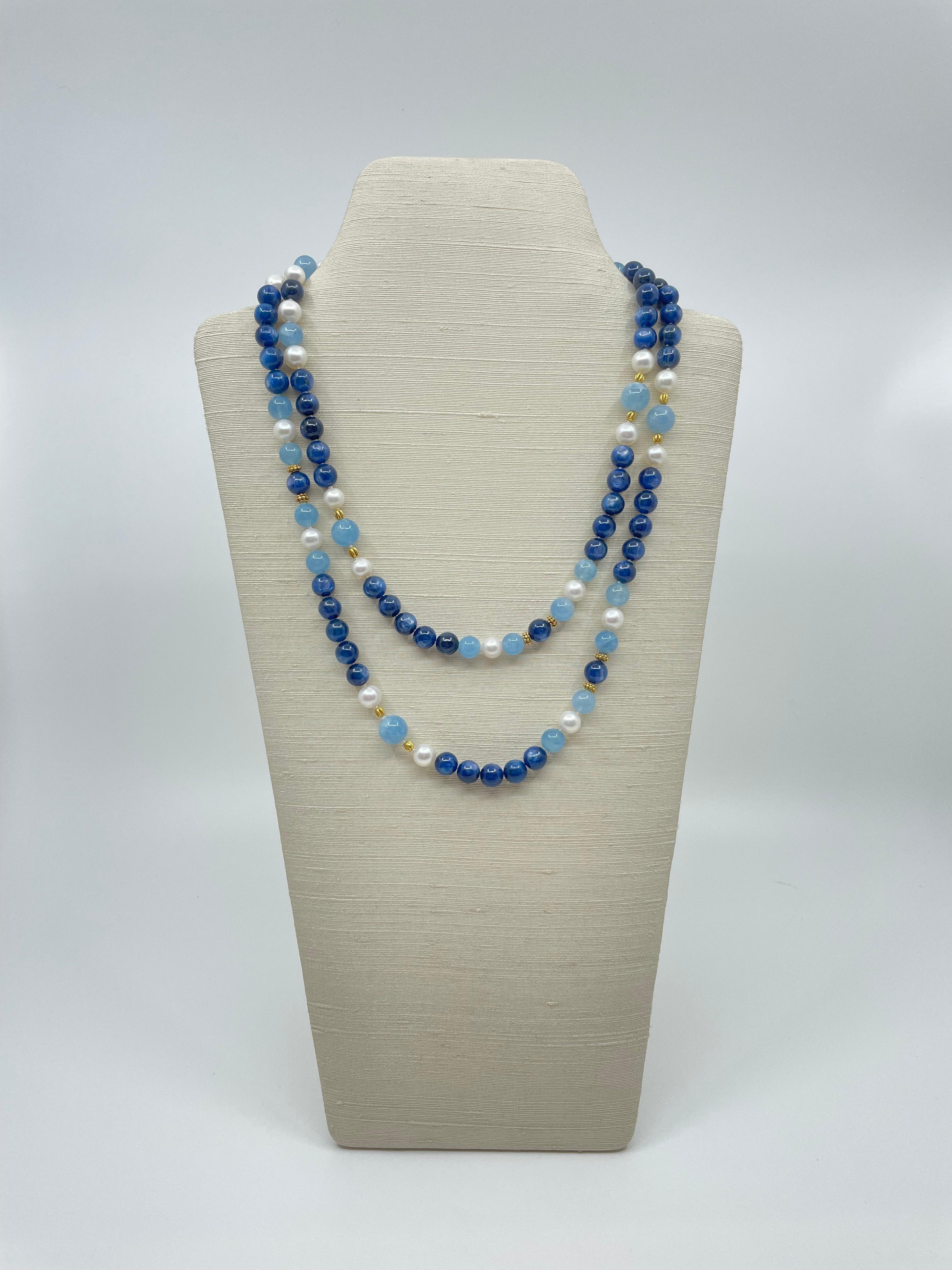 Women's or Men's Aquamarine, Kyanite, Freshwater Pearl & 18K Gold Necklace For Sale