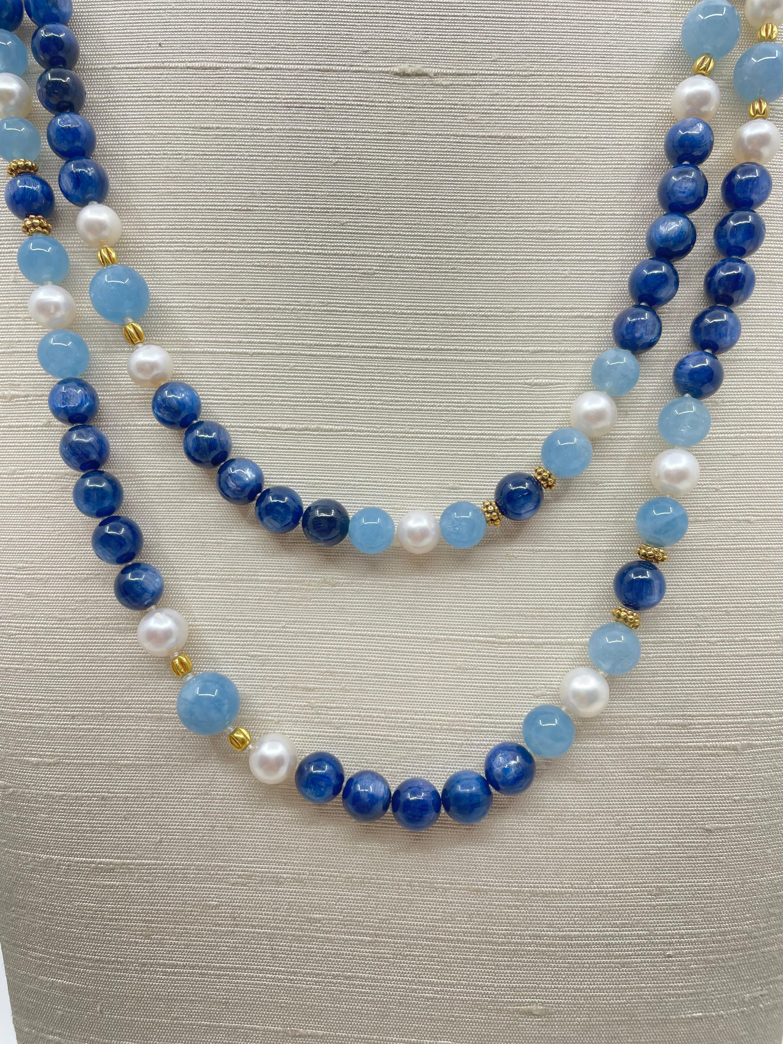 Aquamarine, Kyanite, Freshwater Pearl & 18K Gold Necklace For Sale 1