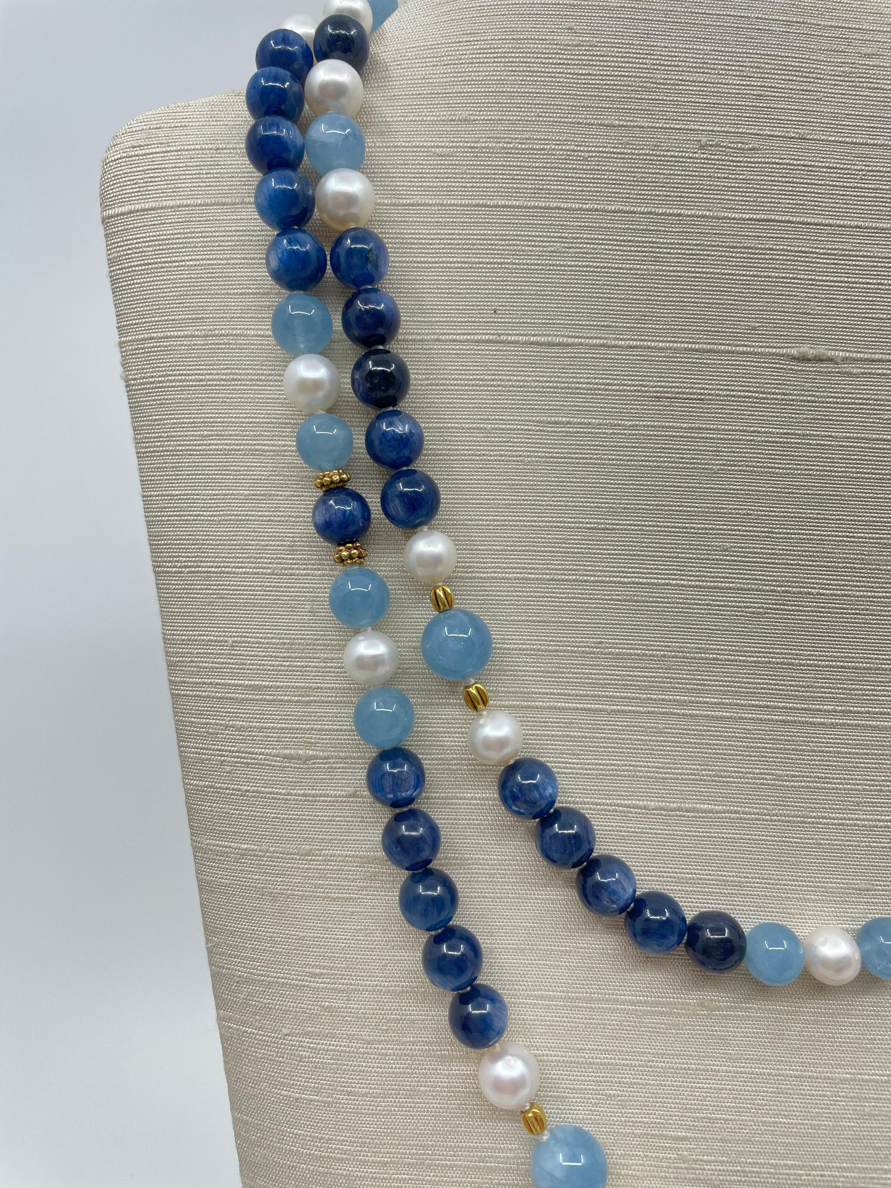 Aquamarine, Kyanite, Freshwater Pearl & 18K Gold Necklace For Sale 2