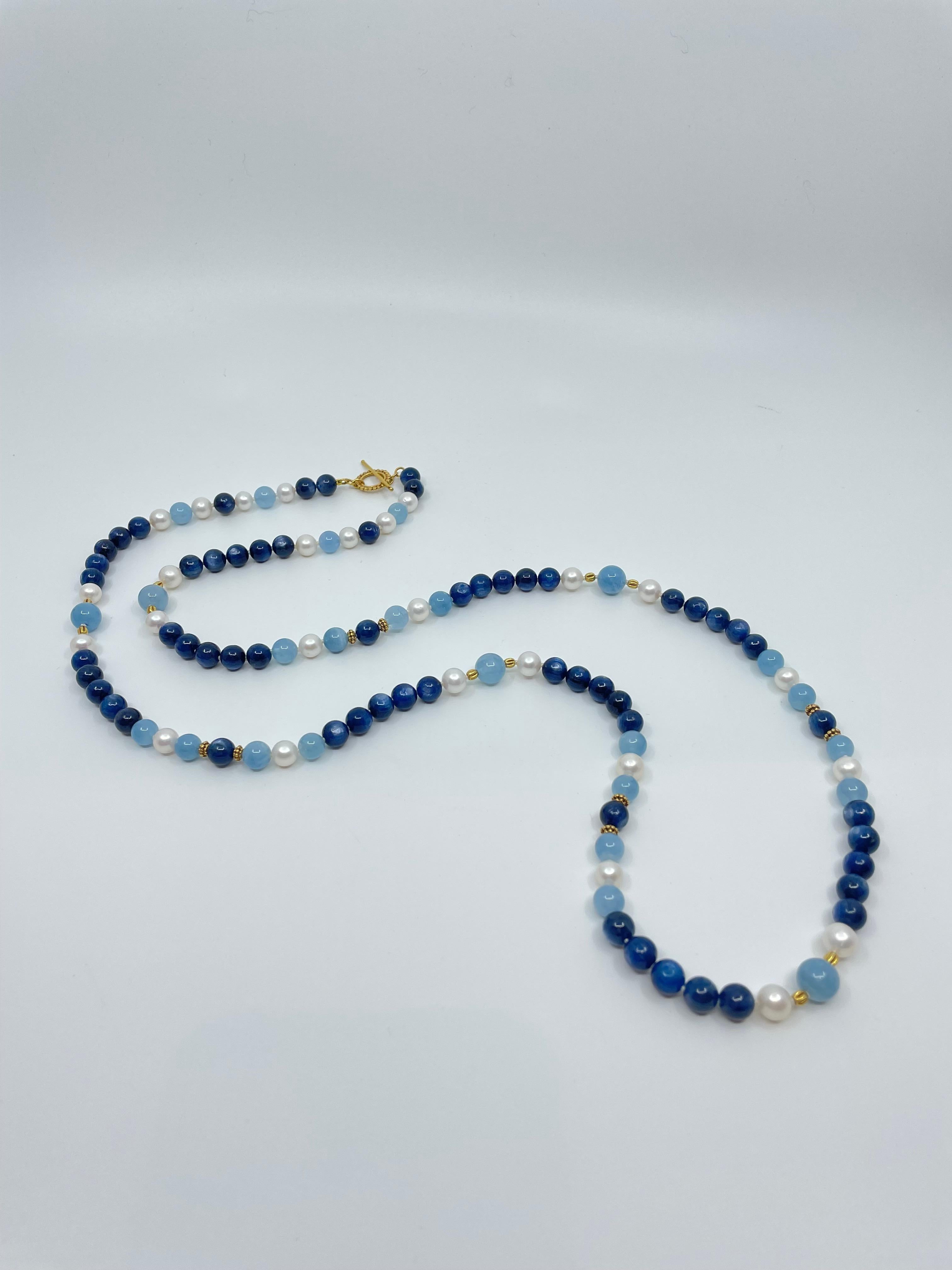 Aquamarine, Kyanite, Freshwater Pearl & 18K Gold Necklace For Sale 3