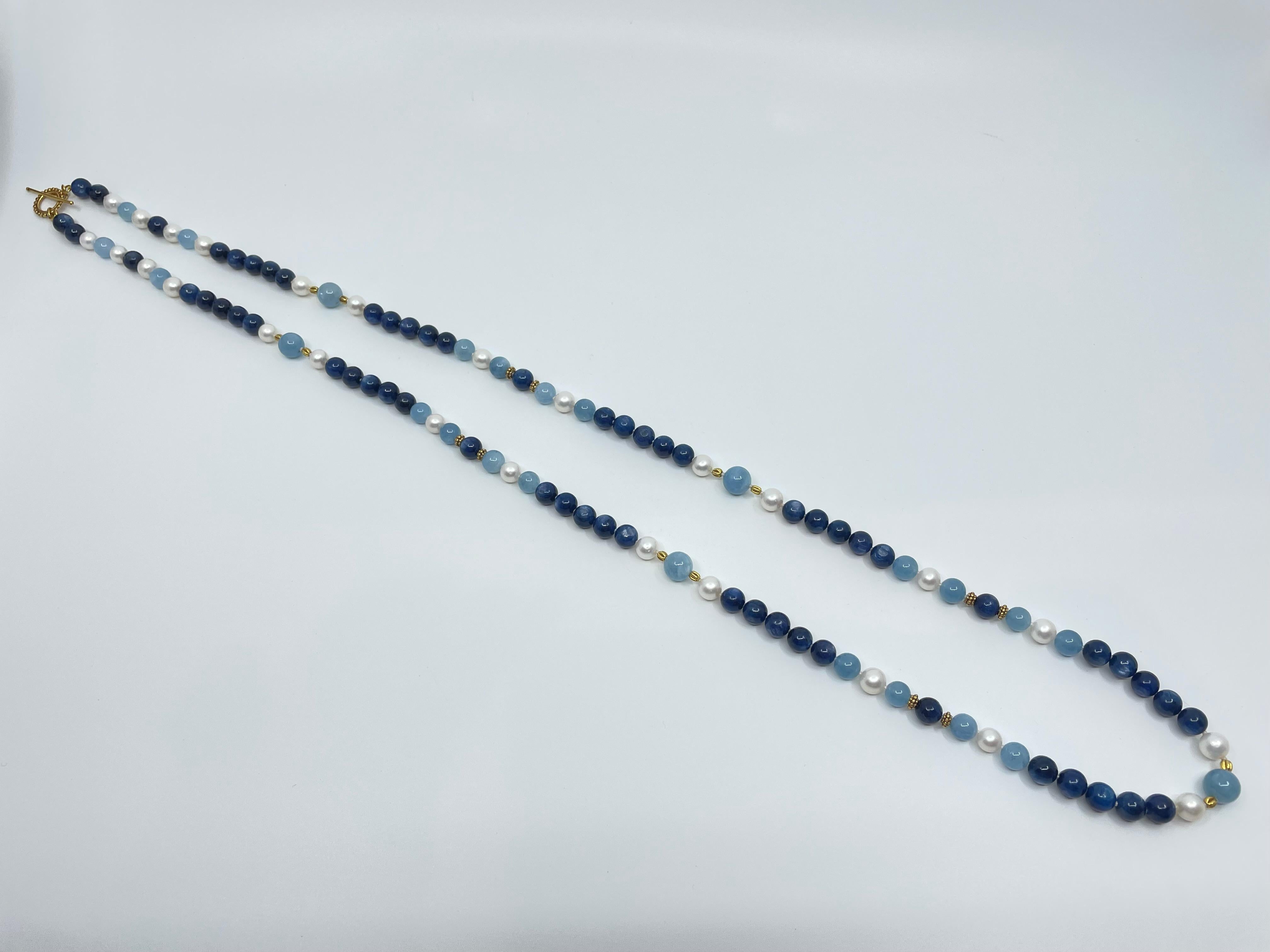 Aquamarine, Kyanite, Freshwater Pearl & 18K Gold Necklace For Sale 4