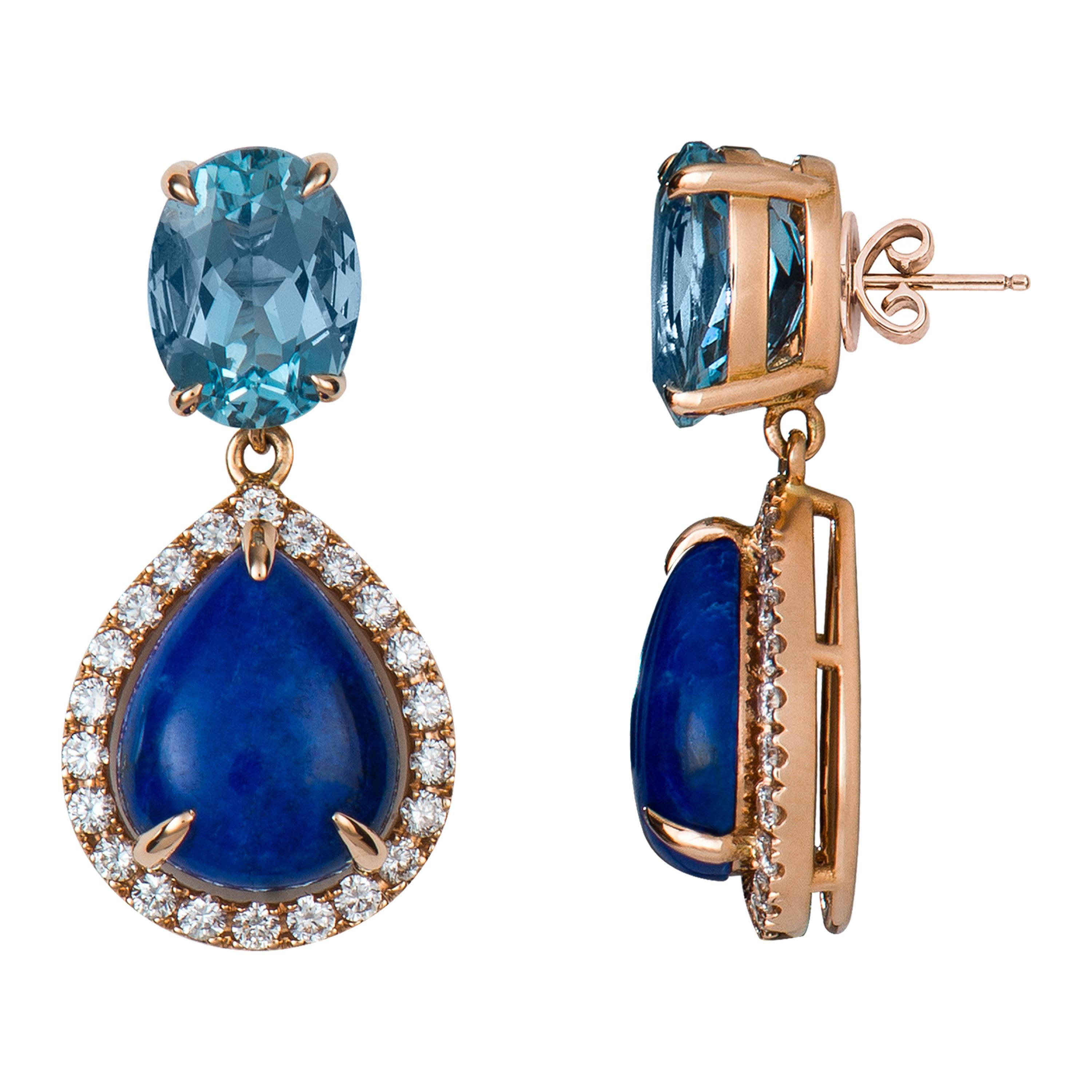 This handcrafted two stone aquamarine and lapis lazuli earring in 18K rose gold is a perfect fit for sunny summer days. Its soft colors make these earrings very easy to mix and match. 

Aquamarine: 2.47 ct. 
Round Brilliant Diamonds: 0.44 ct. 