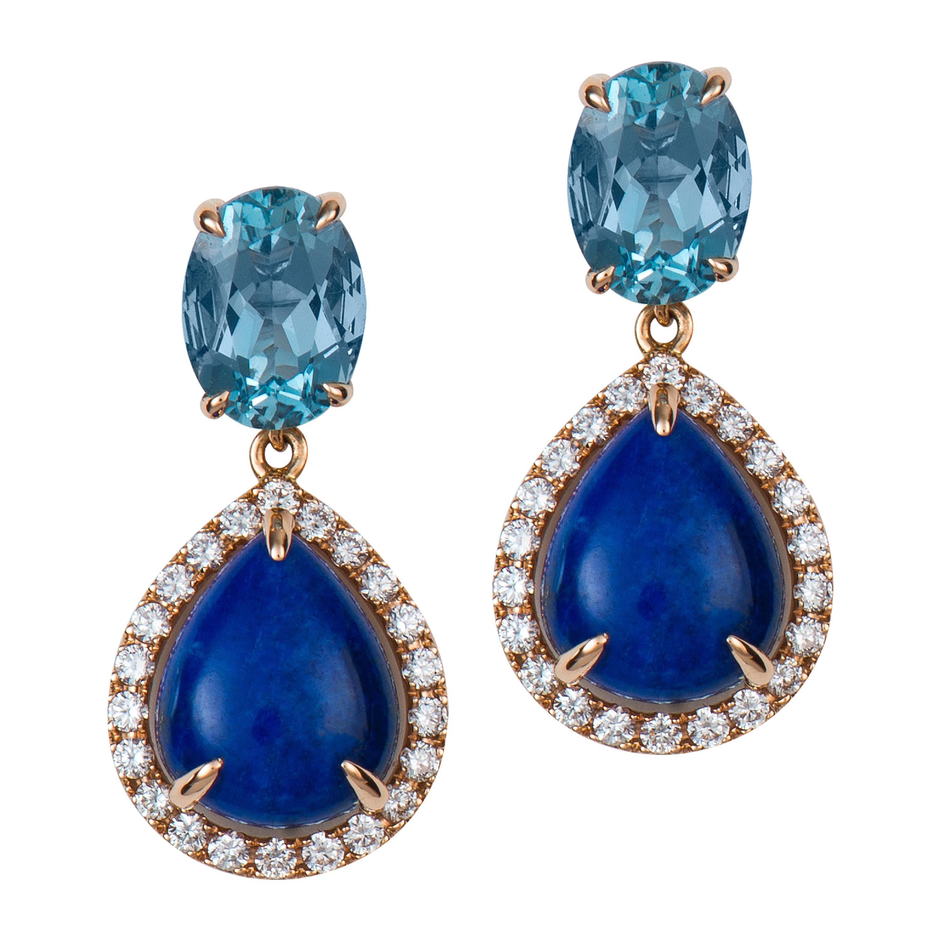 Aquamarine Lapis Diamond Gold Earrings