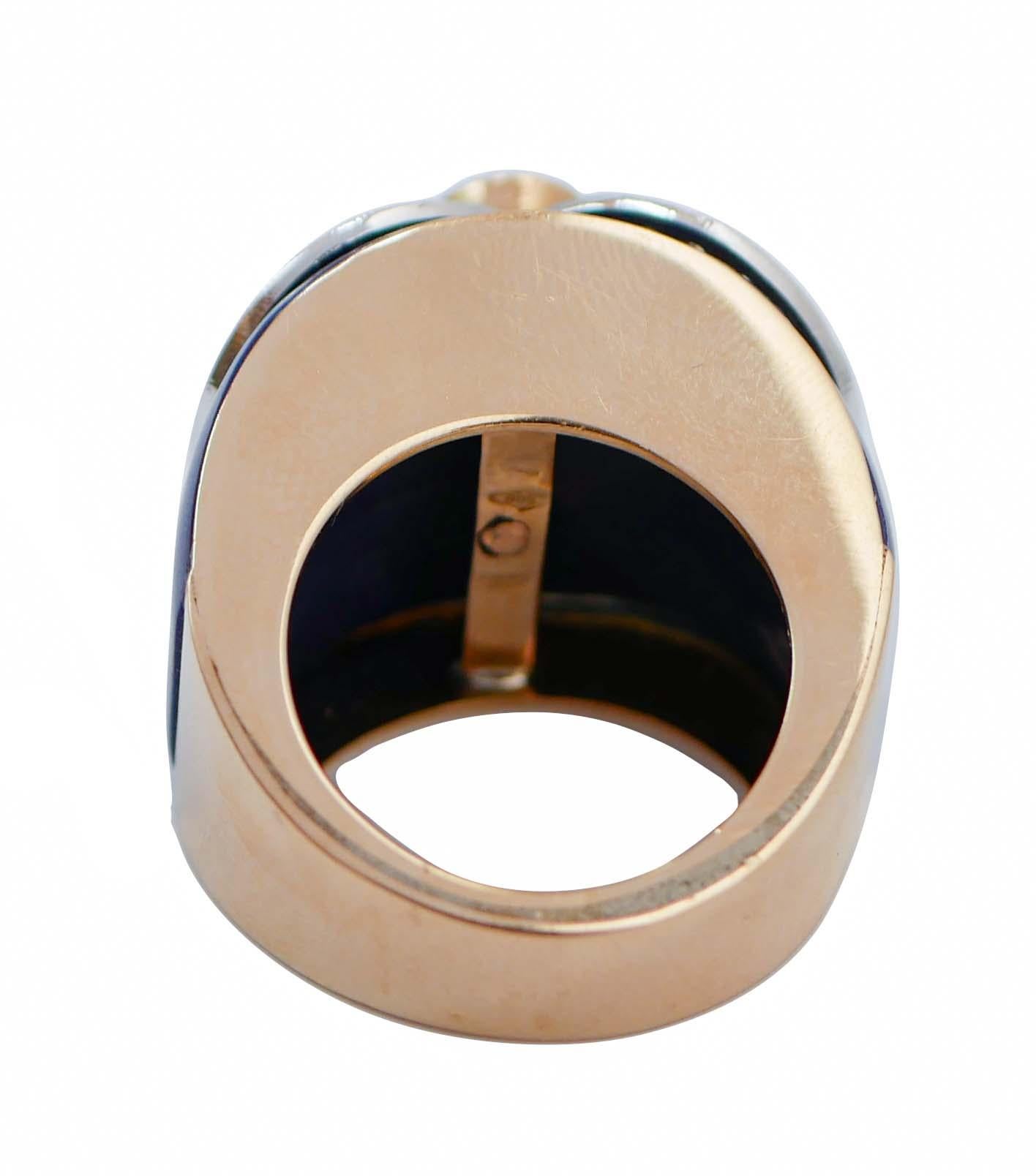 Retro Aquamarine, Lapis, Diamonds, 14 Karat Rose Gold Band Ring. For Sale