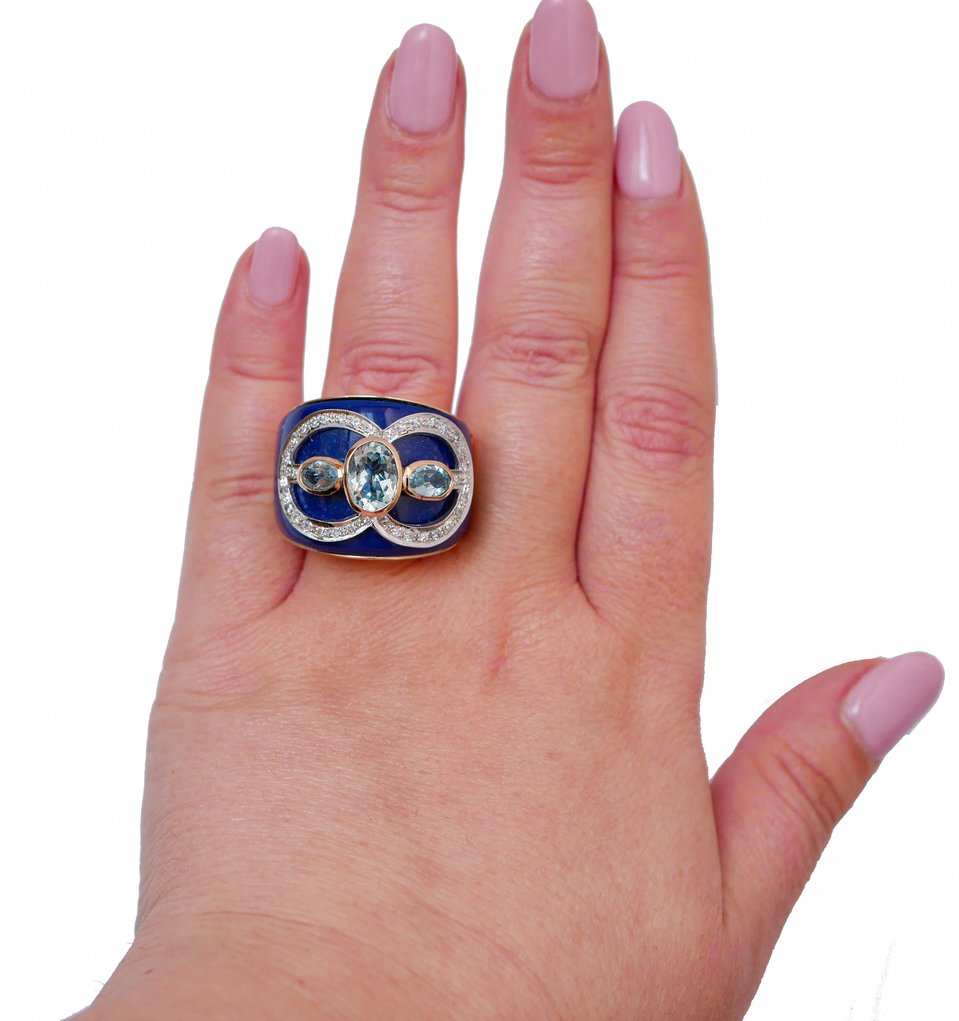 Mixed Cut Aquamarine, Lapis, Diamonds, 14 Karat Rose Gold Band Ring. For Sale