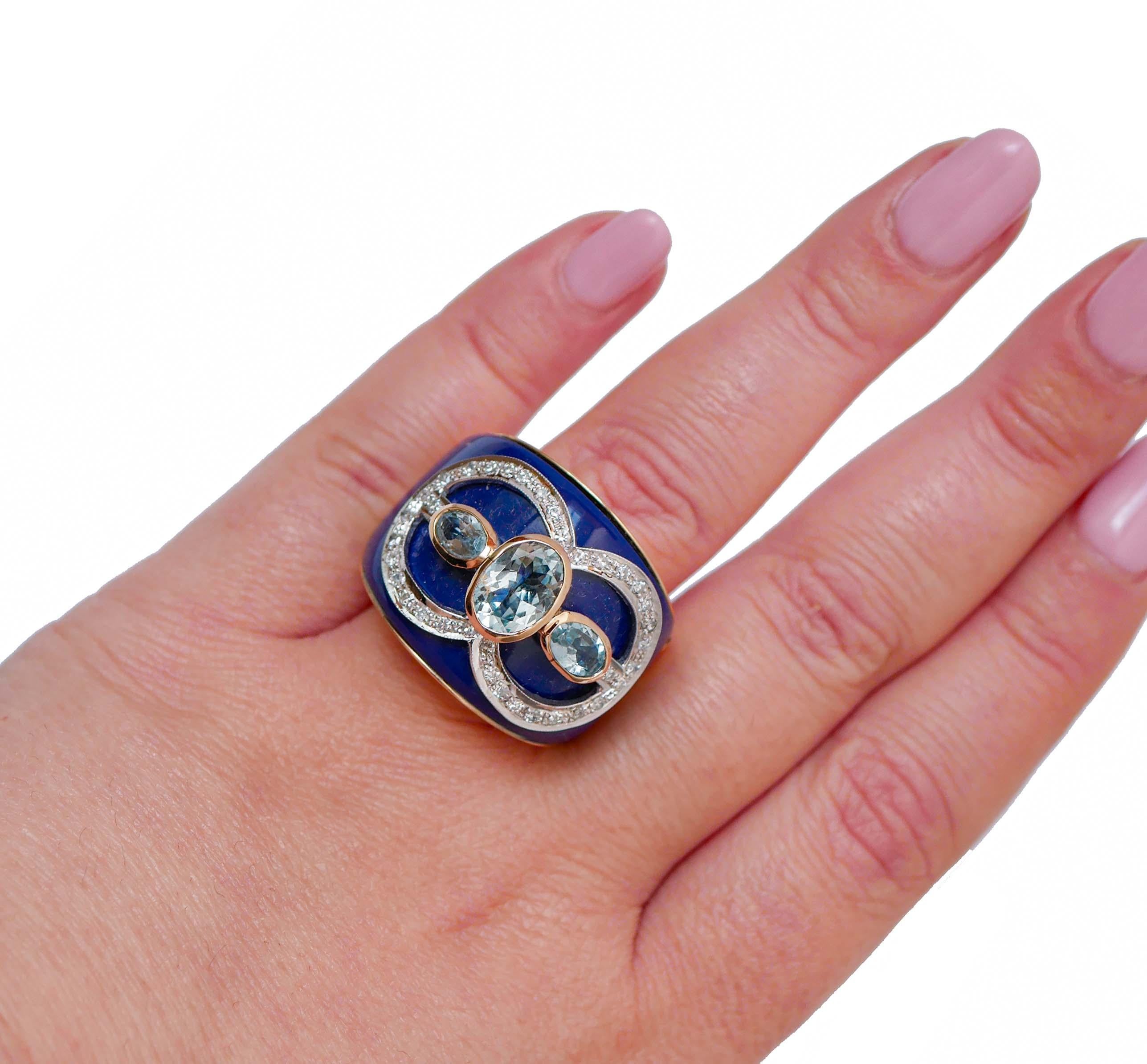 Aquamarine, Lapis, Diamonds, 14 Karat Rose Gold Band Ring. In Good Condition In Marcianise, Marcianise (CE)