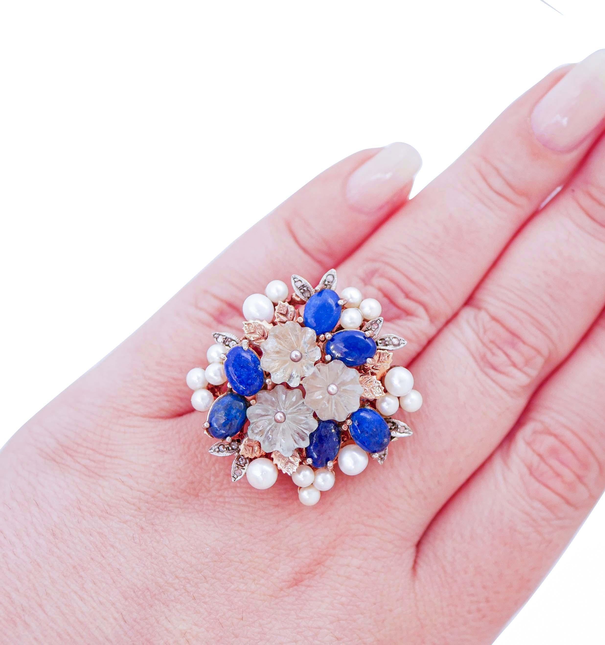 Aquamarine, Lapis, Pearls, Diamonds, Rose Gold and Silver Ring. In Good Condition For Sale In Marcianise, Marcianise (CE)