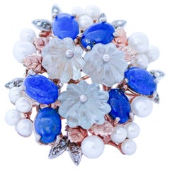 Aquamarine, Lapis, Pearls, Diamonds, Rose Gold and Silver Ring.