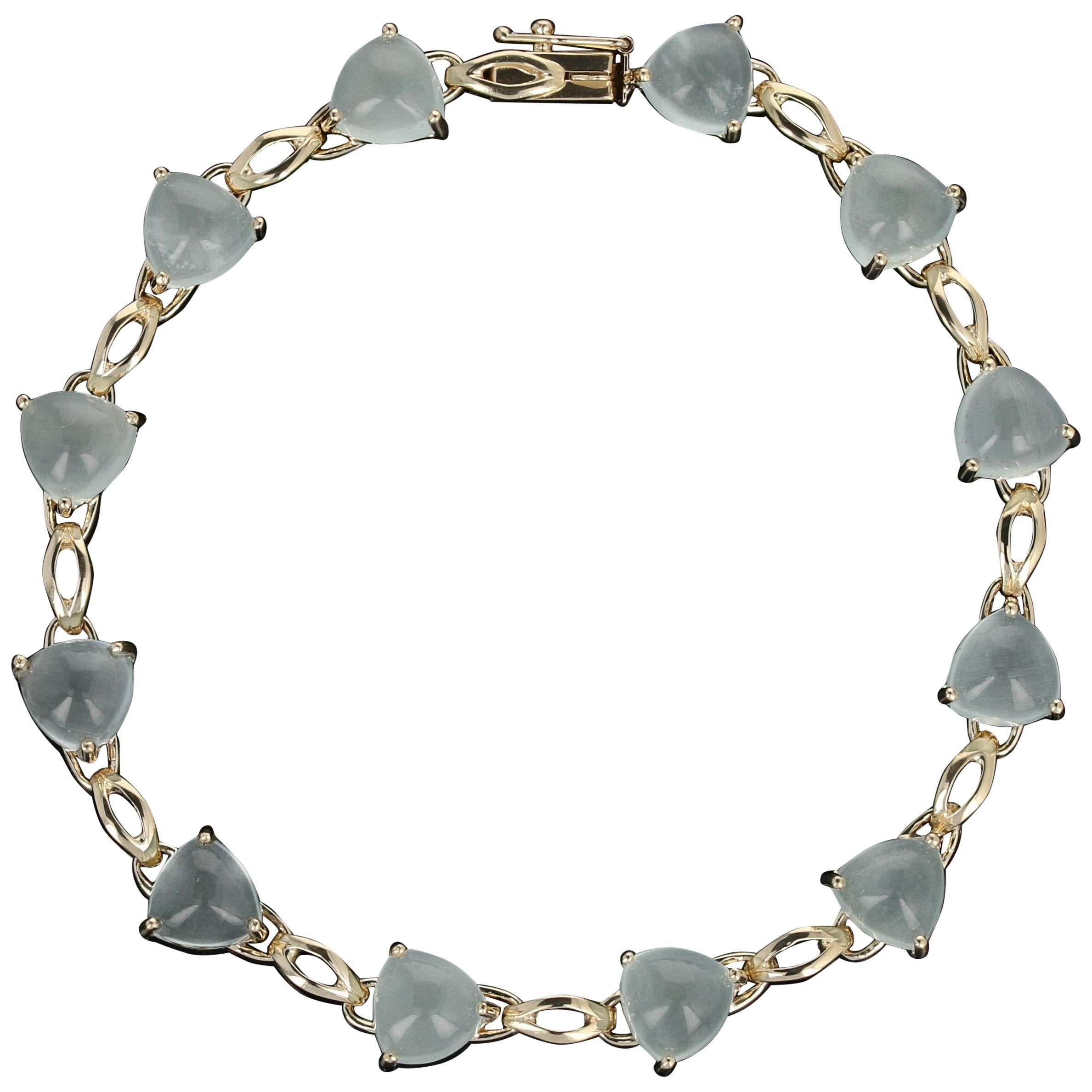 Aquamarine Link Bracelet, 14 Karat Yellow Gold Trillion Cabochons