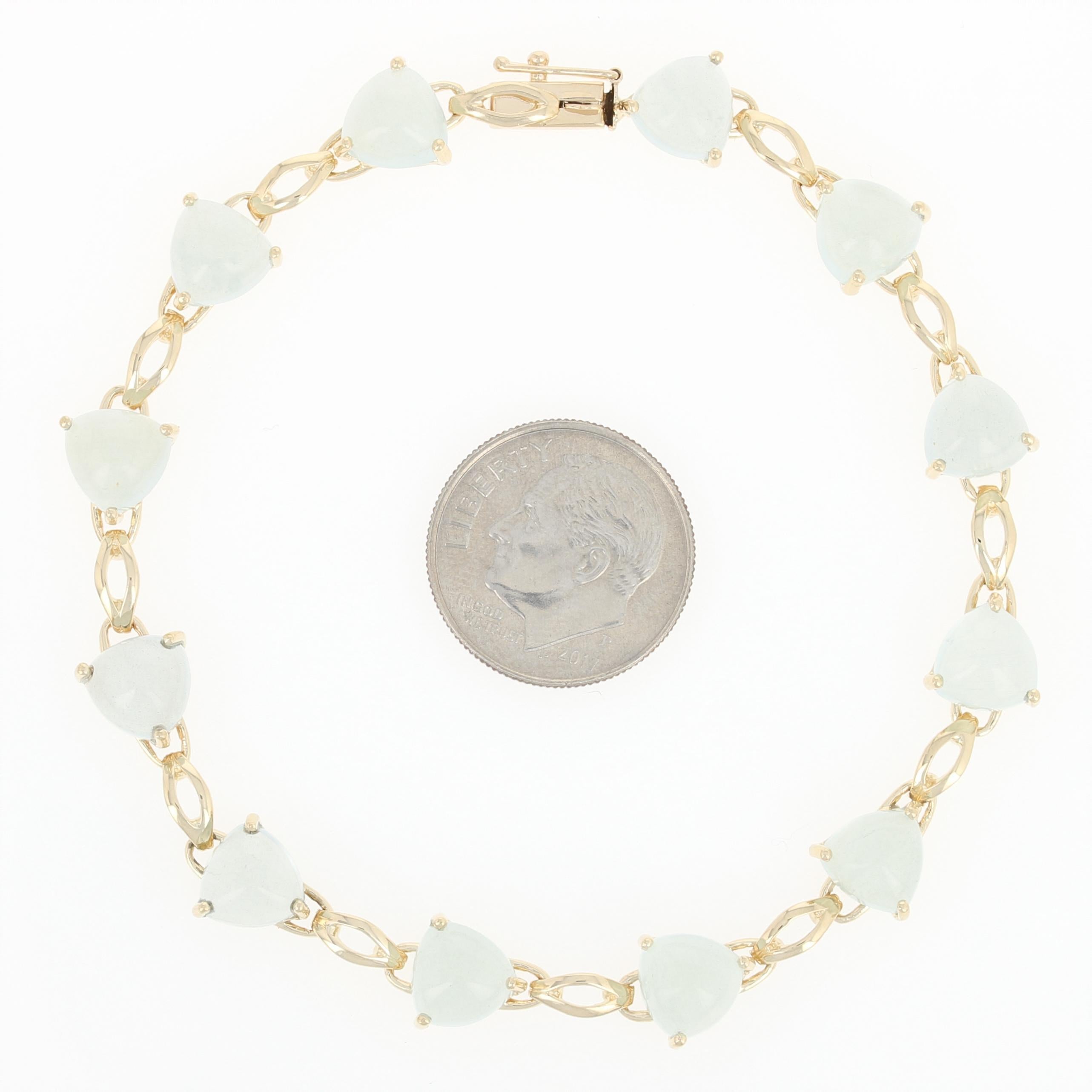 Women's or Men's Aquamarine Link Bracelet, 14 Karat Yellow Gold Trillion Cabochons