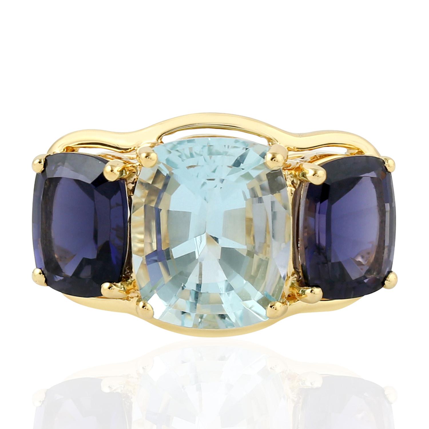 Artisan Aquamarine & lolite 3 Stone Ring Made In 18k Yellow Gold