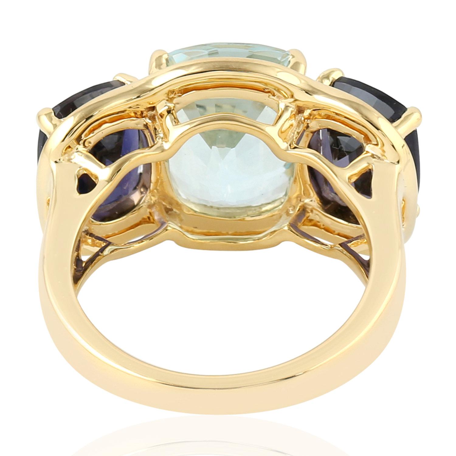 Mixed Cut Aquamarine & lolite 3 Stone Ring Made In 18k Yellow Gold