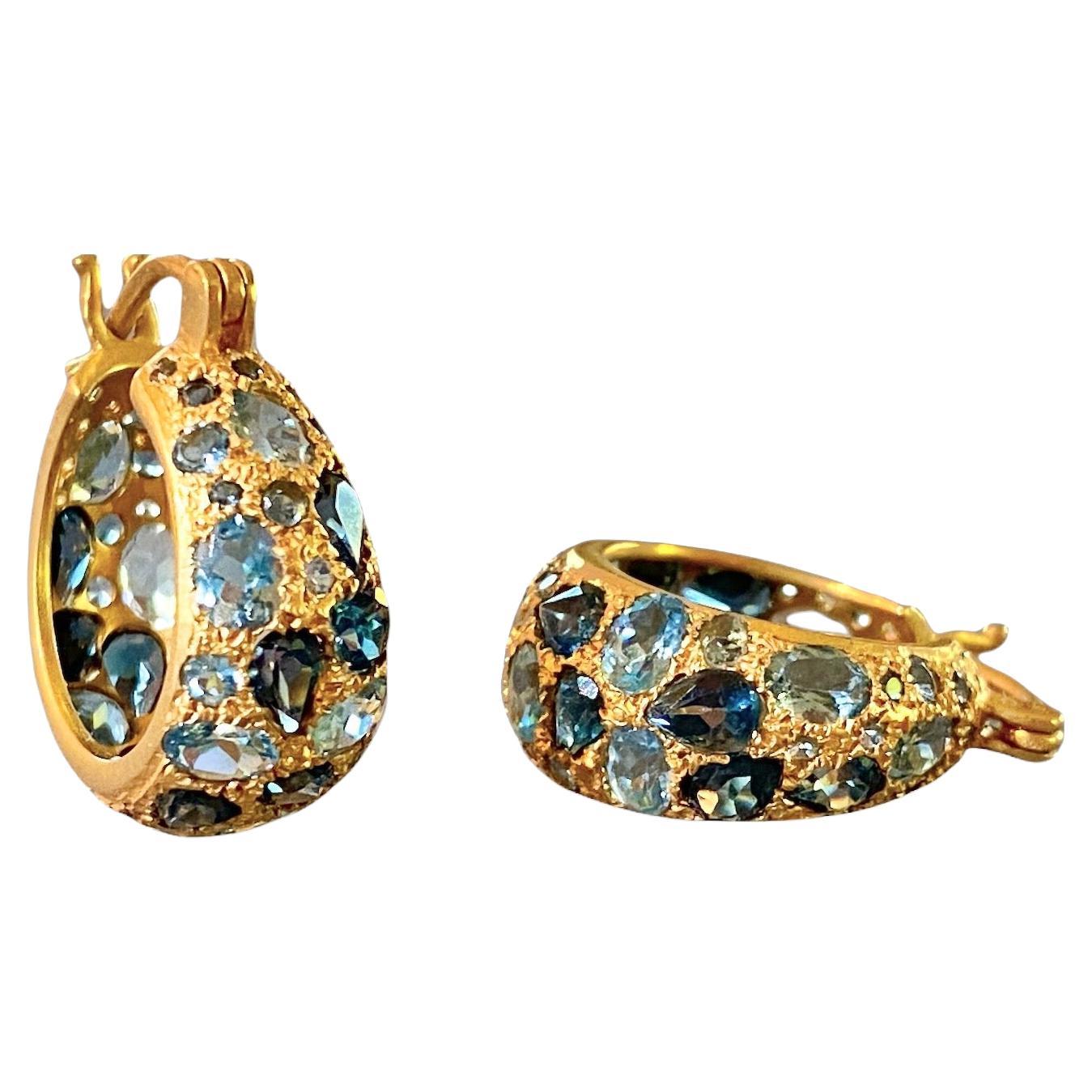 Aquamarine, London Blue Topaz 18kt Gold Hoops by Lauren Harper For Sale