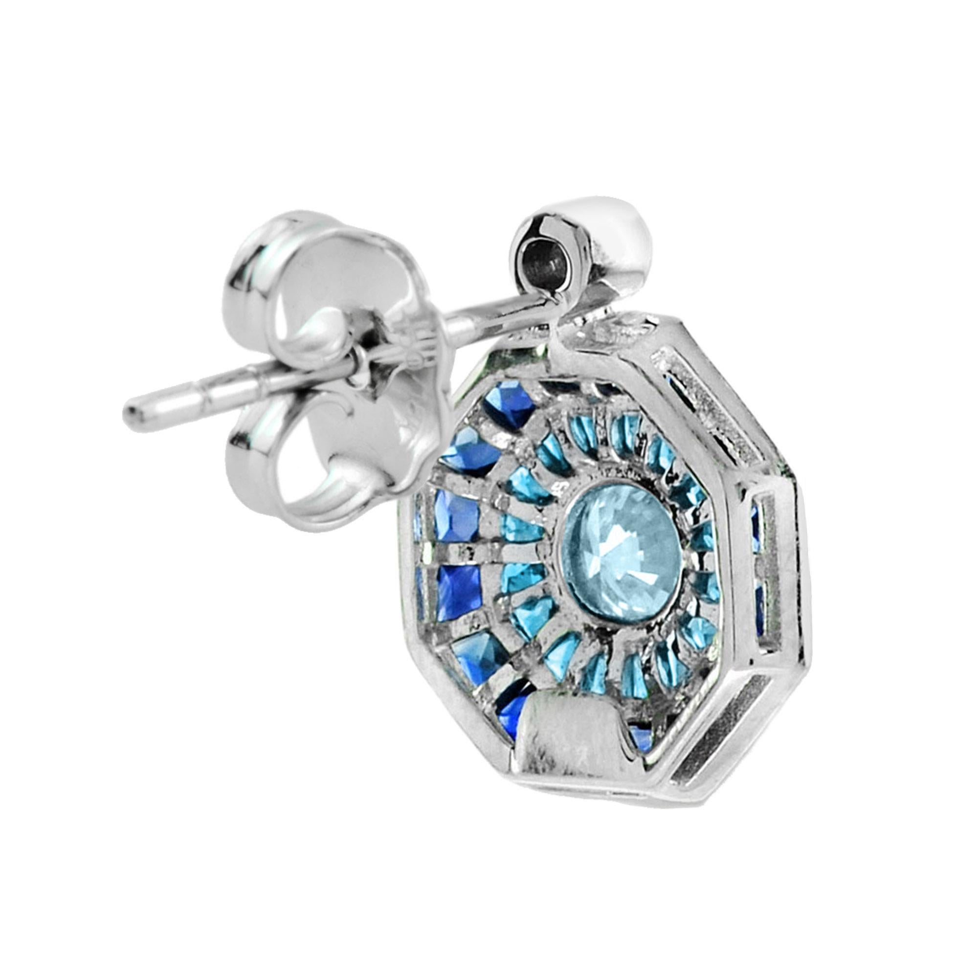 Art déco Aigue-marine London Topaze Bleue & Saphir Boucles d'oreilles en or blanc de style Art Déco en vente