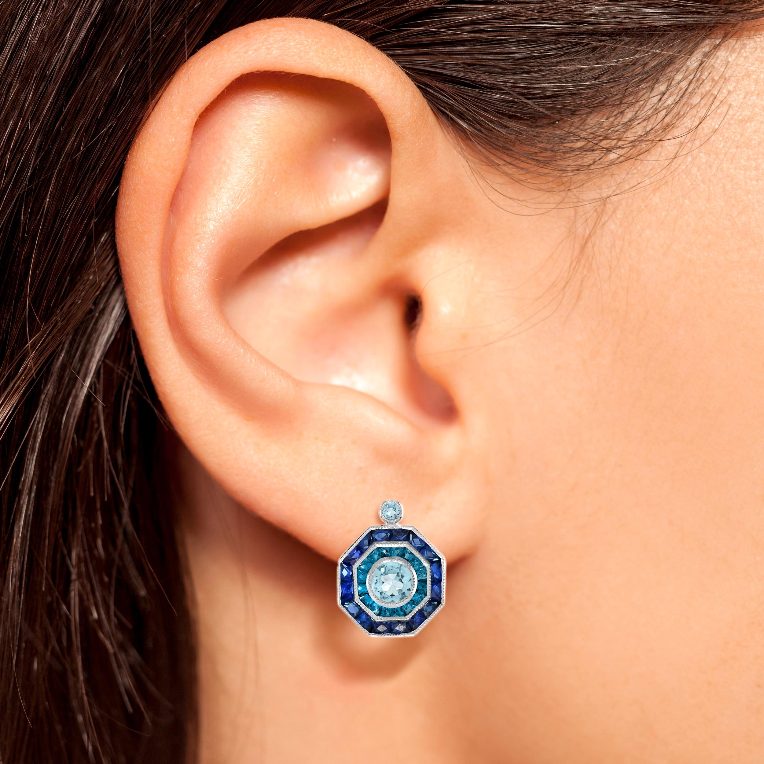 Taille ronde Aigue-marine London Topaze Bleue & Saphir Boucles d'oreilles en or blanc de style Art Déco en vente