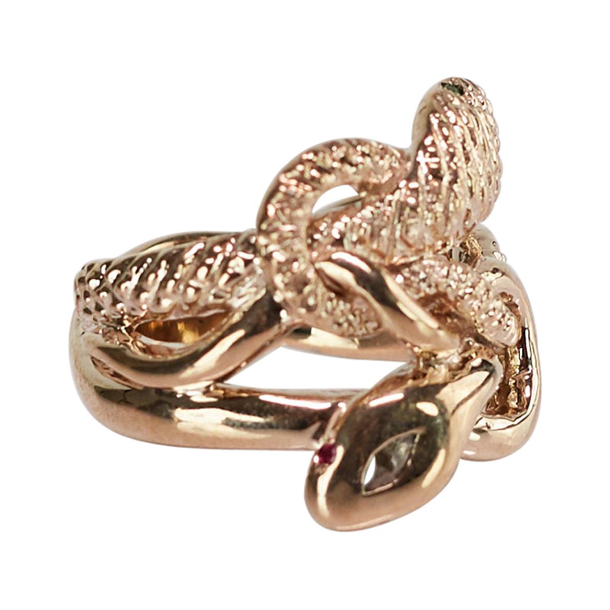 Diamant-Marquis-Schlangenring, Smaragd, Rubin, Augen, Bronze im viktorianischen Stil von J Dauphin im Angebot
