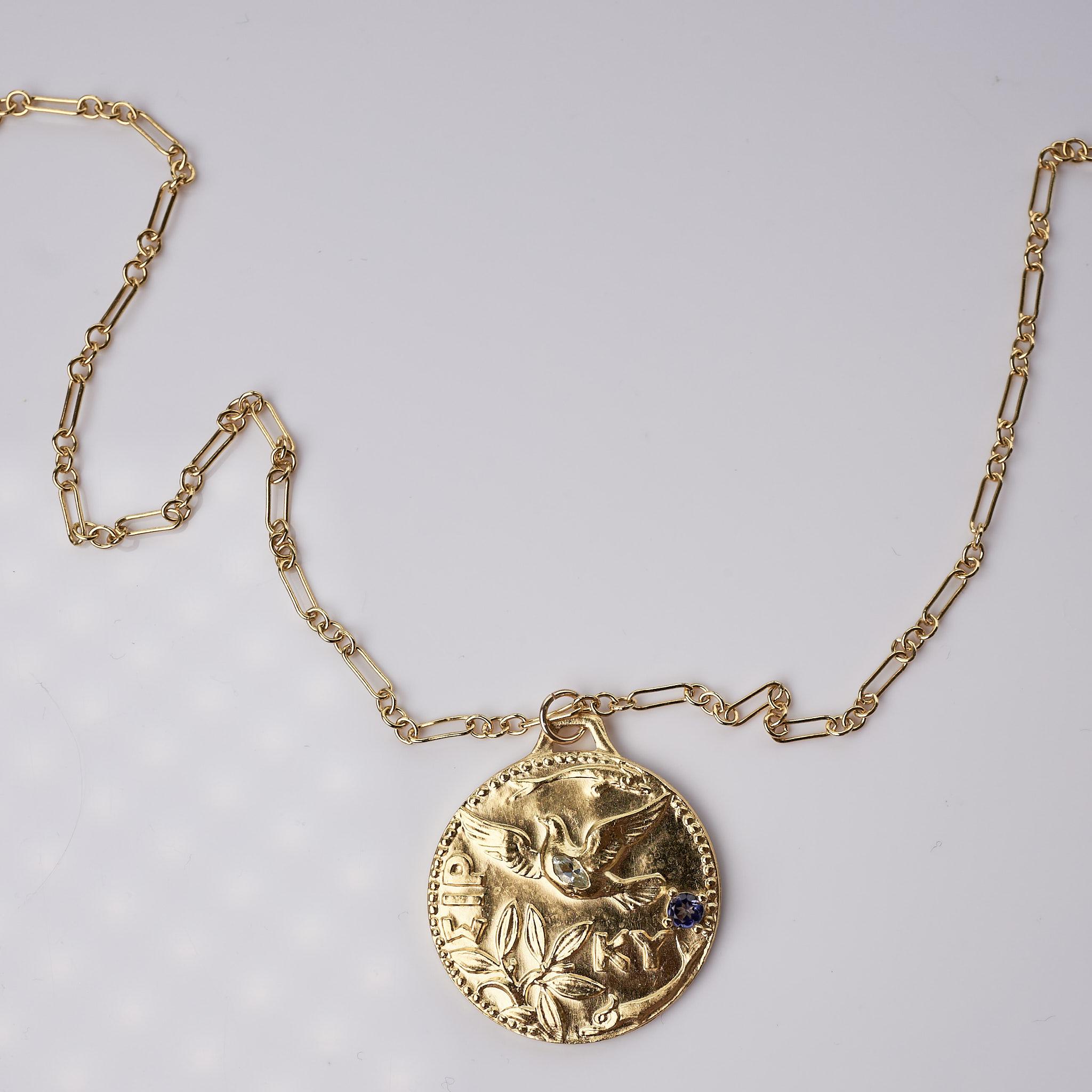 Romantic Aquamarine Tanzanite Medal Necklace Dove J Dauphin For Sale