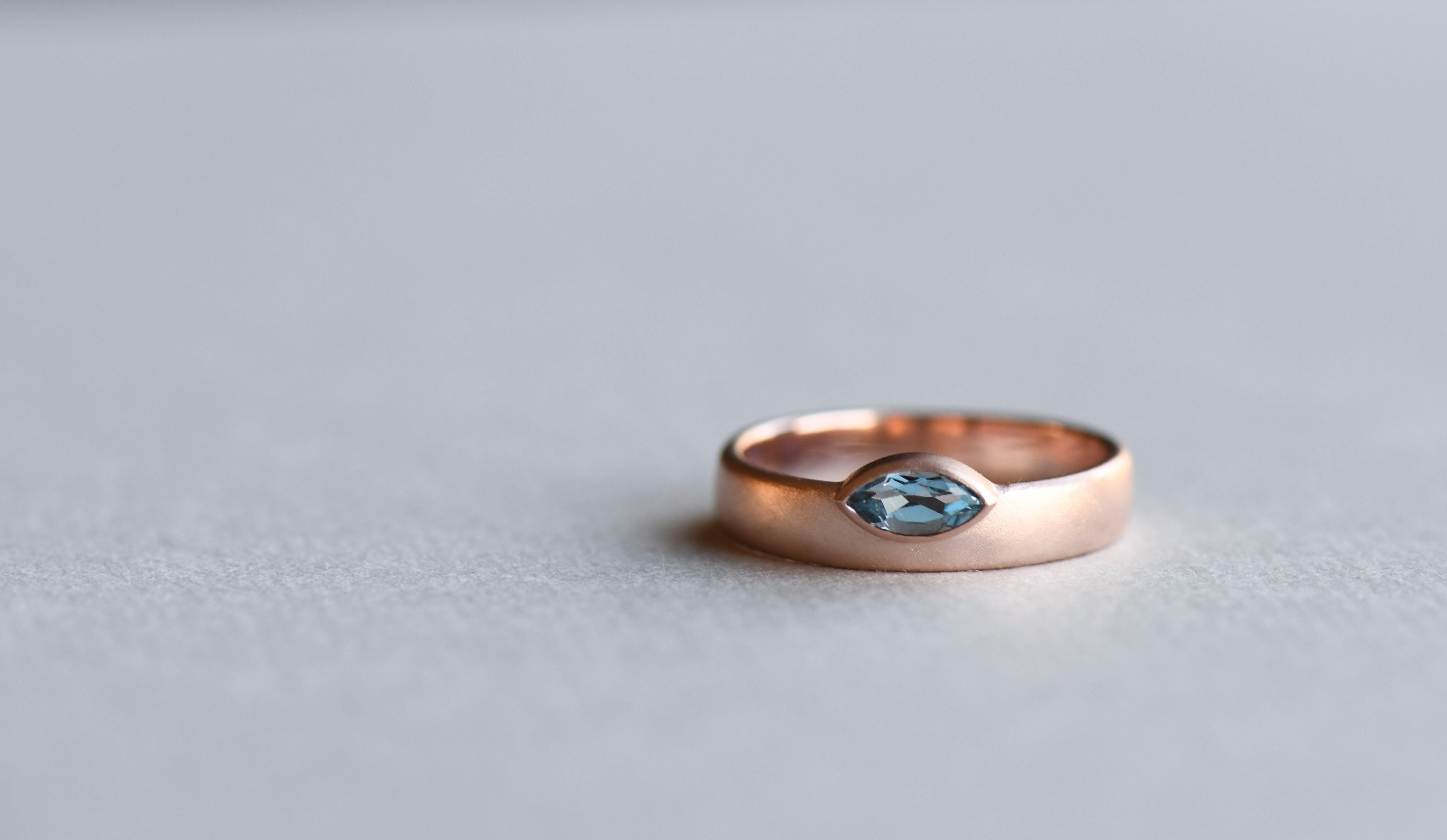 For Sale:  Aquamarine Marquise Band Ring, 14 Karat Rose Gold Ring, Offset Marquise Ring 2