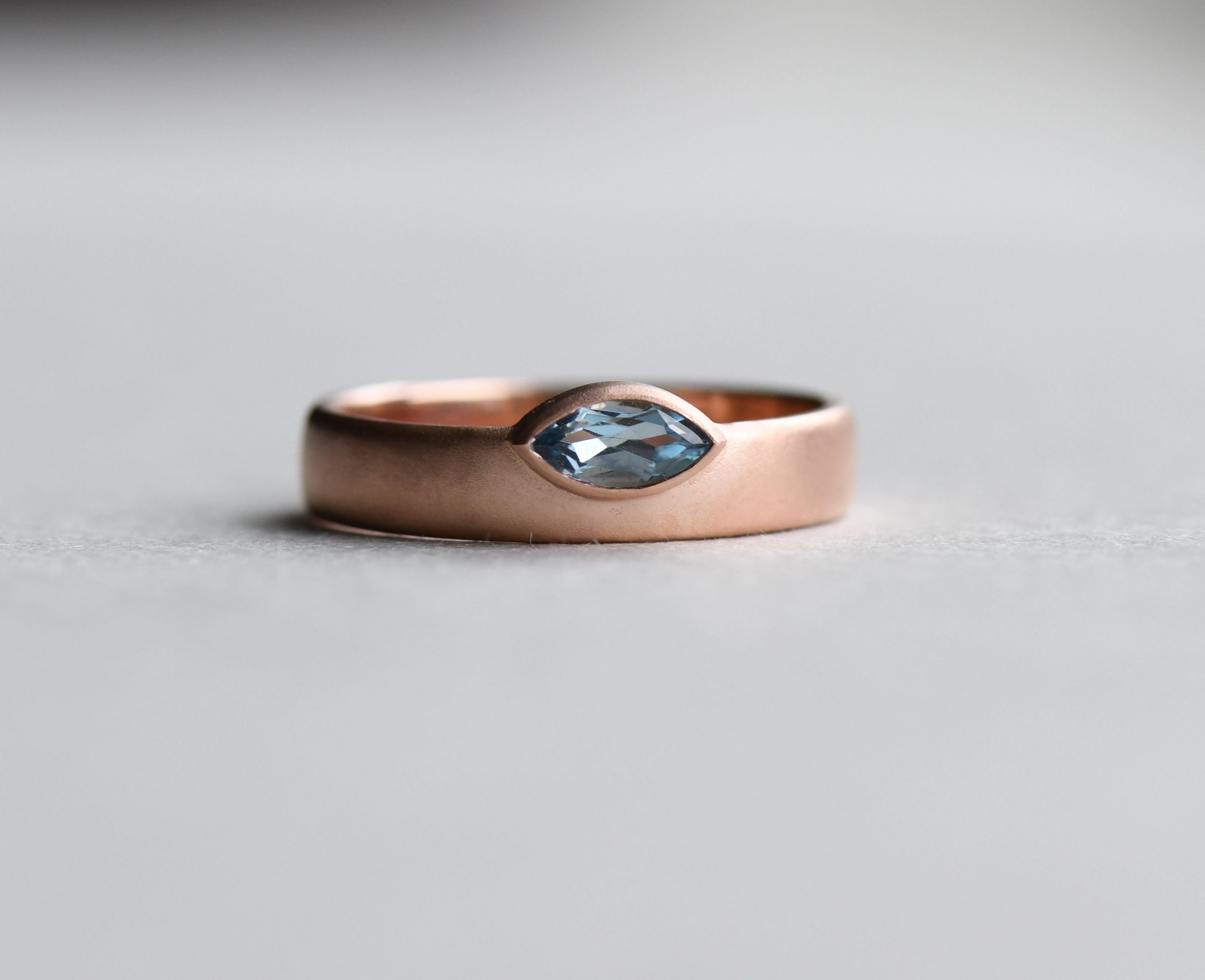 For Sale:  Aquamarine Marquise Band Ring, 14 Karat Rose Gold Ring, Offset Marquise Ring 3