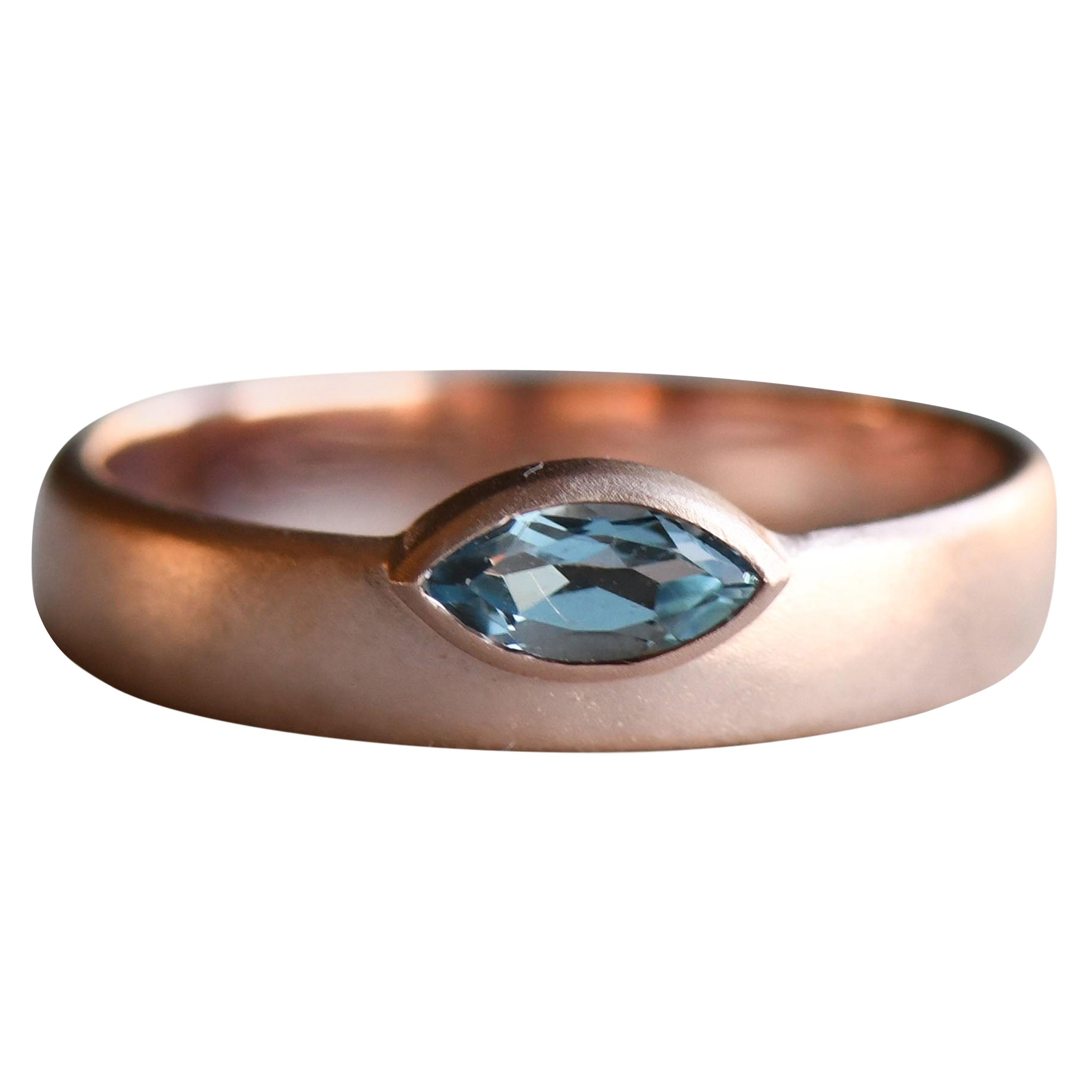 Aquamarine Marquise Band Ring, 14 Karat Rose Gold Ring, Offset Marquise Ring